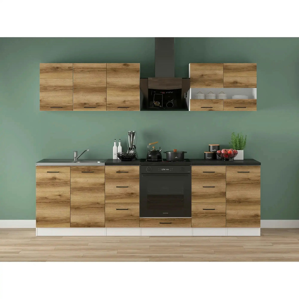 Set bucatarie JUNONA LINE, stejar delano/alb, PAL, 260 cm, cu blat negru