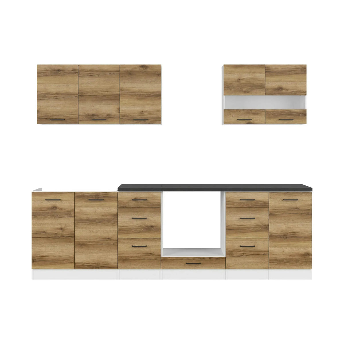 Set bucatarie JUNONA LINE, stejar delano/alb, PAL, 260 cm, cu blat negru