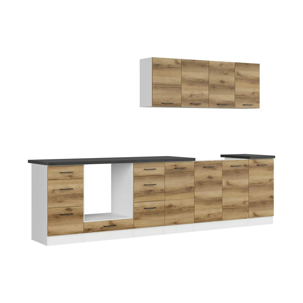 Set bucatarie JUNONA LINE, stejar delano/alb, PAL, 300 cm, cu blat negru