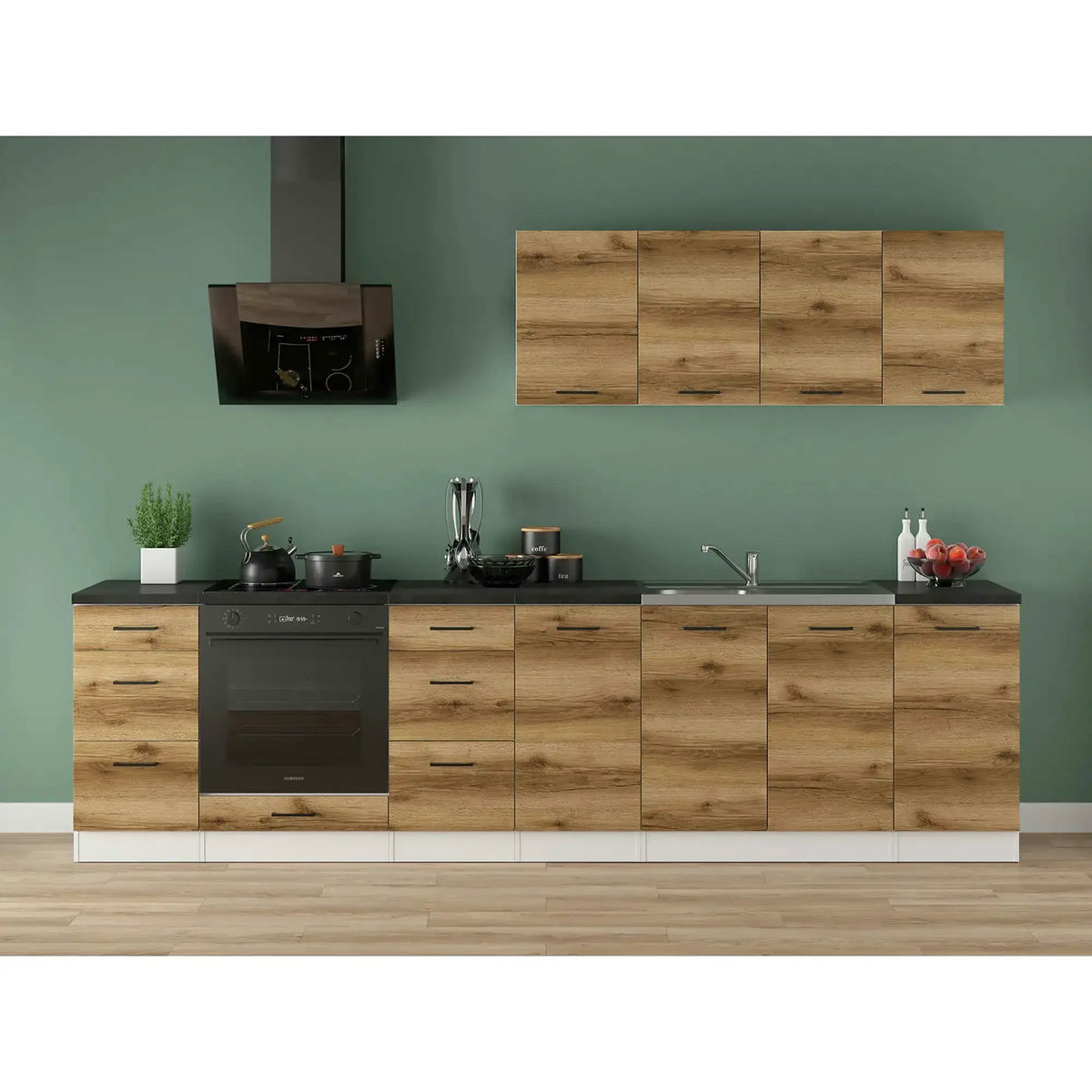 Set bucatarie JUNONA LINE, stejar delano/alb, PAL, 300 cm, cu blat negru