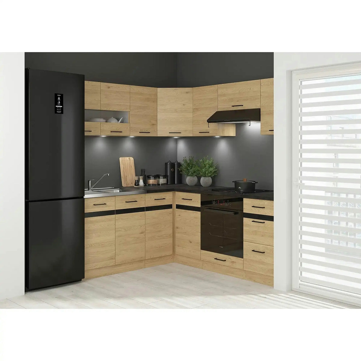 Set bucatarie JUNONA LINE, stejar, PAL, 180x200 cm, dreapta, cu blat negru