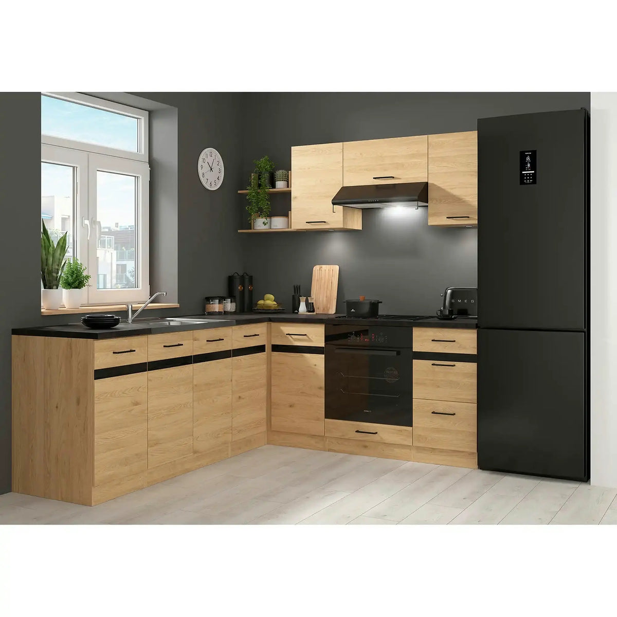 Set bucatarie JUNONA LINE, stejar, PAL, 200x220 cm, dreapta, cu blat negru