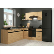 Set bucatarie JUNONA LINE, stejar, PAL, 200x220 cm, dreapta, cu blat negru