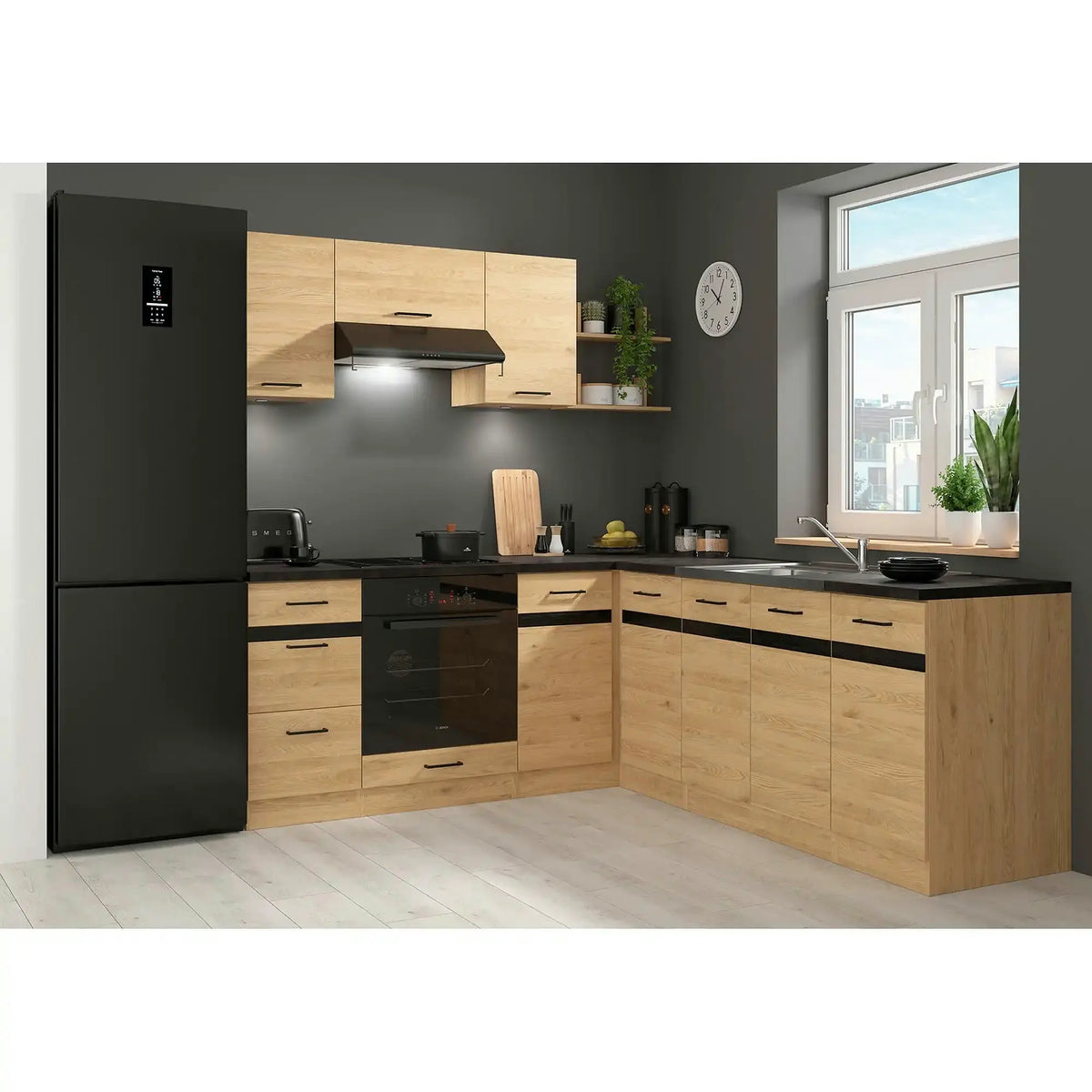 Set bucatarie JUNONA LINE, stejar, PAL, 200x220 cm, stanga, cu blat negru