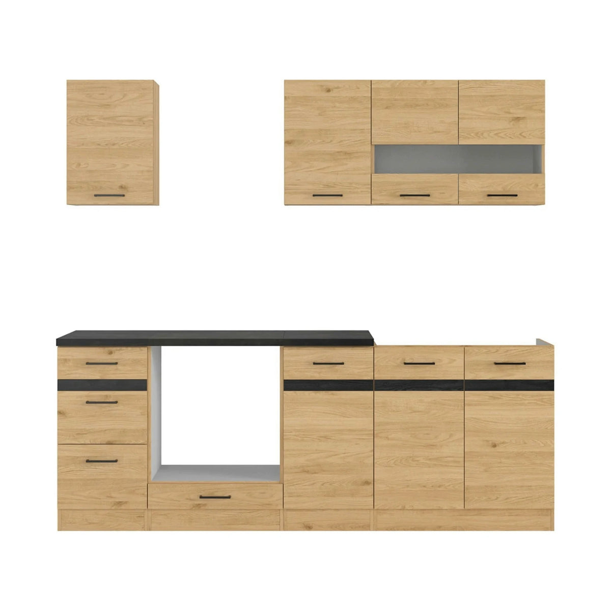 Set bucatarie JUNONA LINE, stejar, PAL, 220 cm, cu blat negru