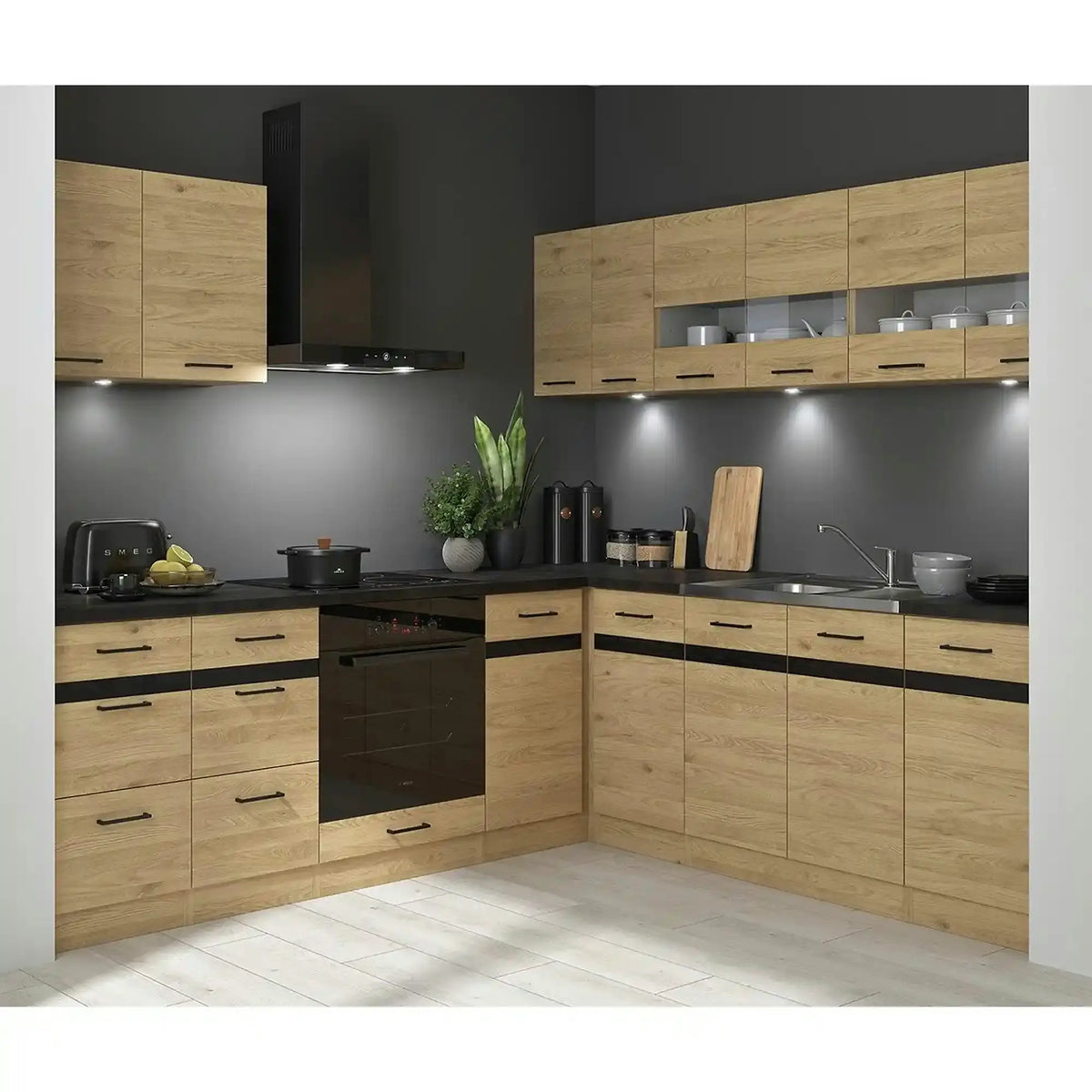 Set bucatarie JUNONA LINE, stejar, PAL, 220x240 cm, dreapta, cu blat negru