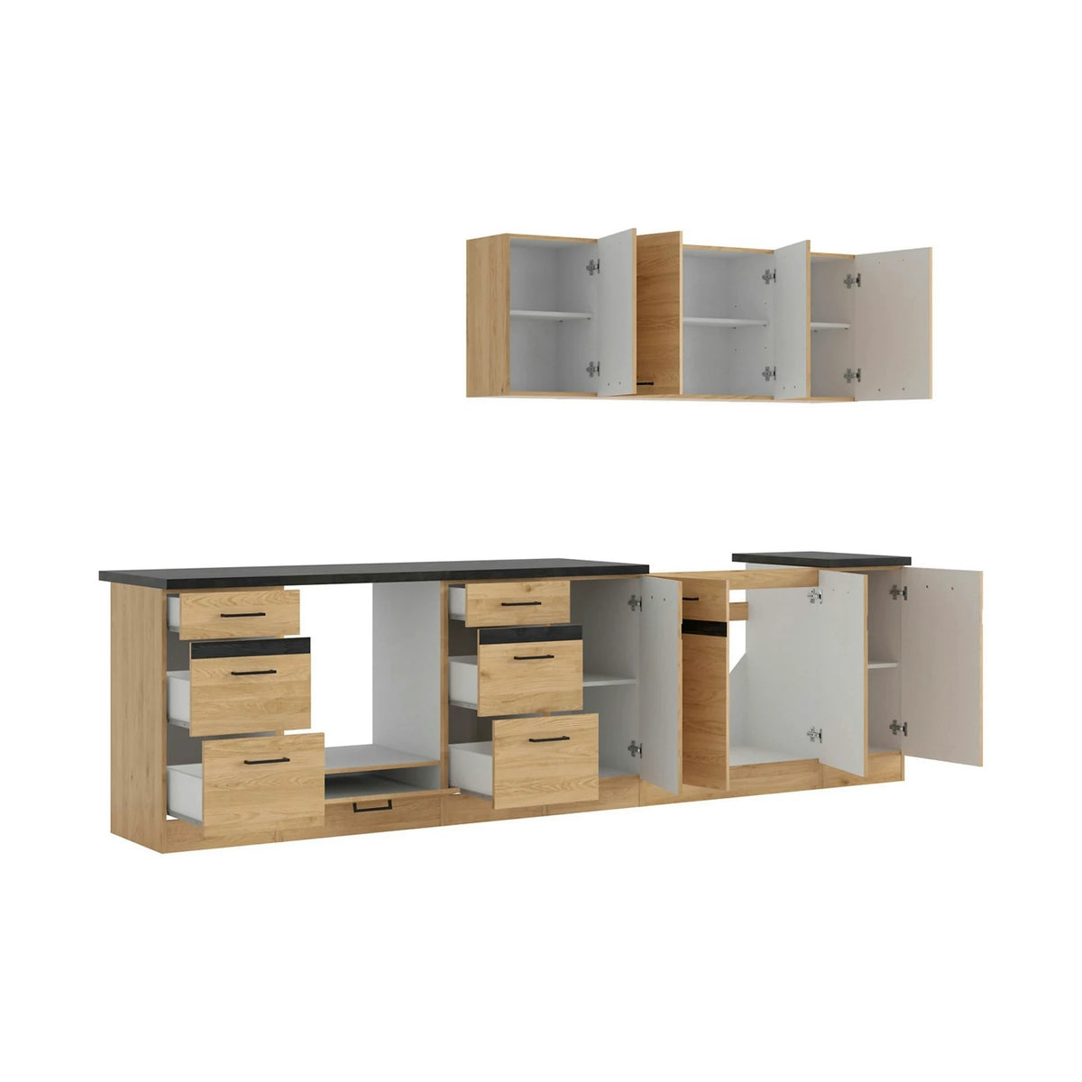 Set bucatarie JUNONA LINE, stejar, PAL, 300 cm, cu blat negru