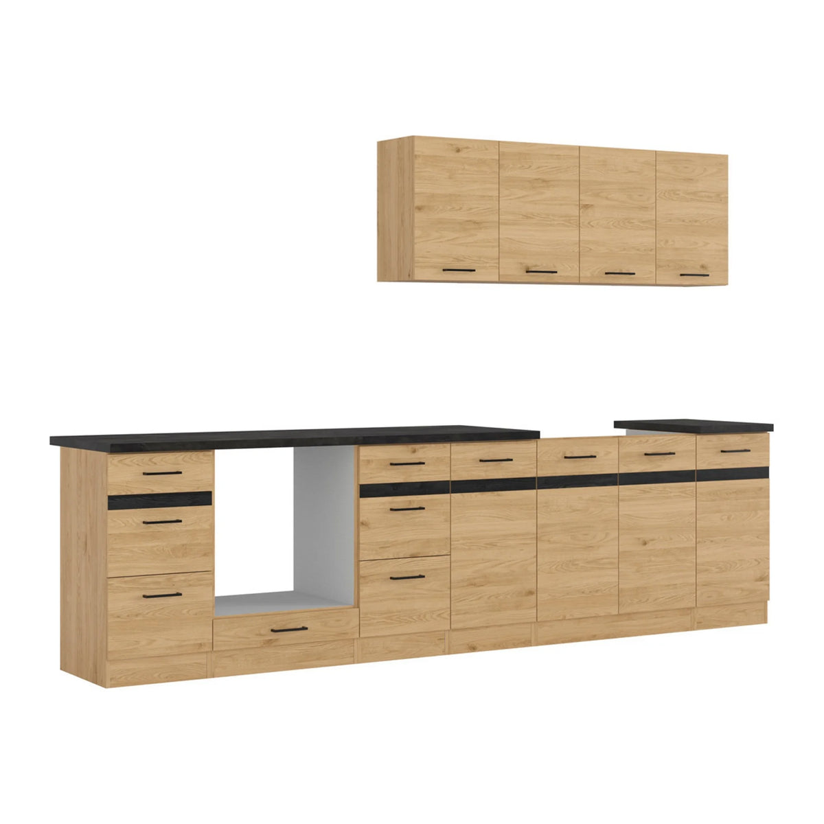 Set bucatarie JUNONA LINE, stejar, PAL, 300 cm, cu blat negru