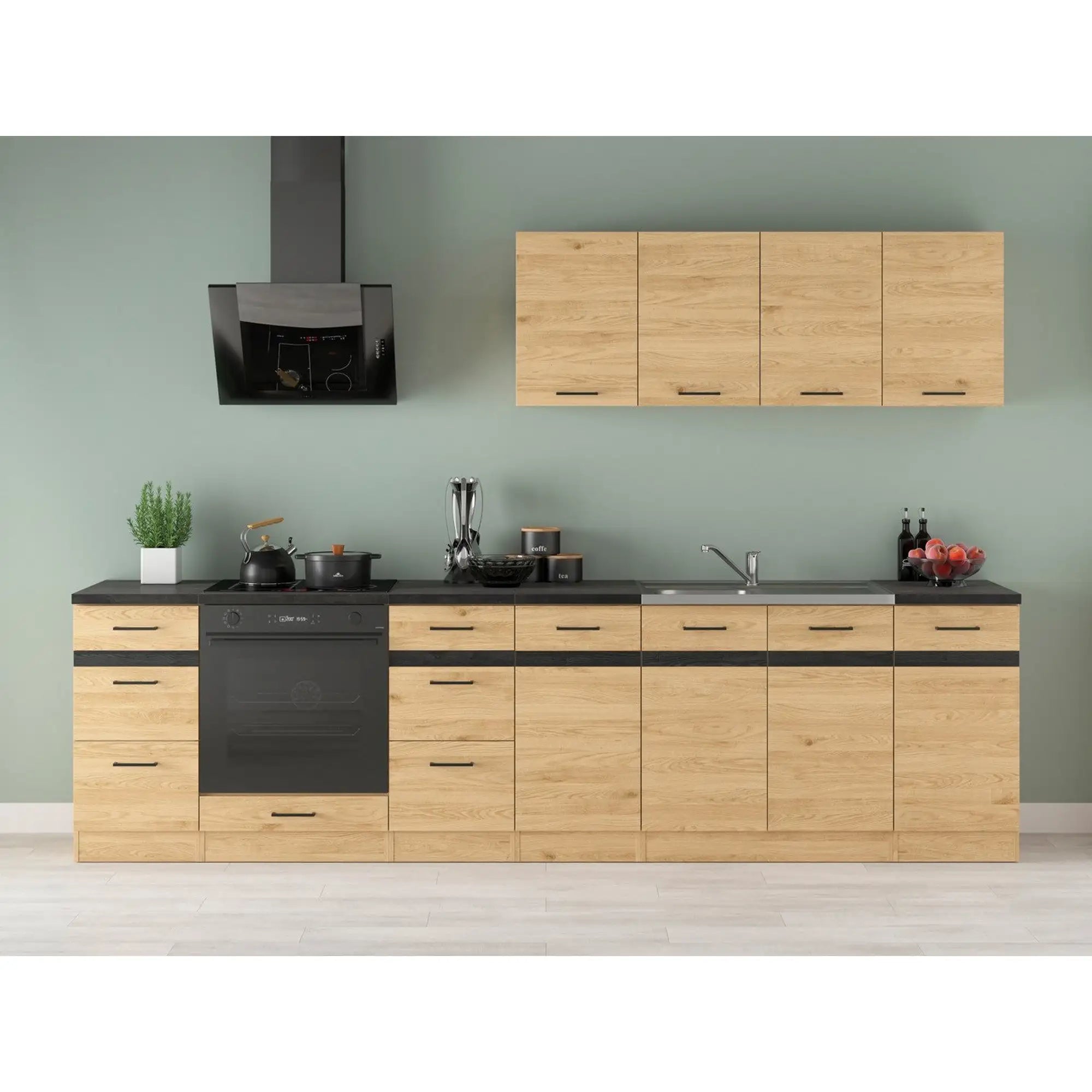 Set bucatarie JUNONA LINE, stejar, PAL, 300 cm, cu blat negru