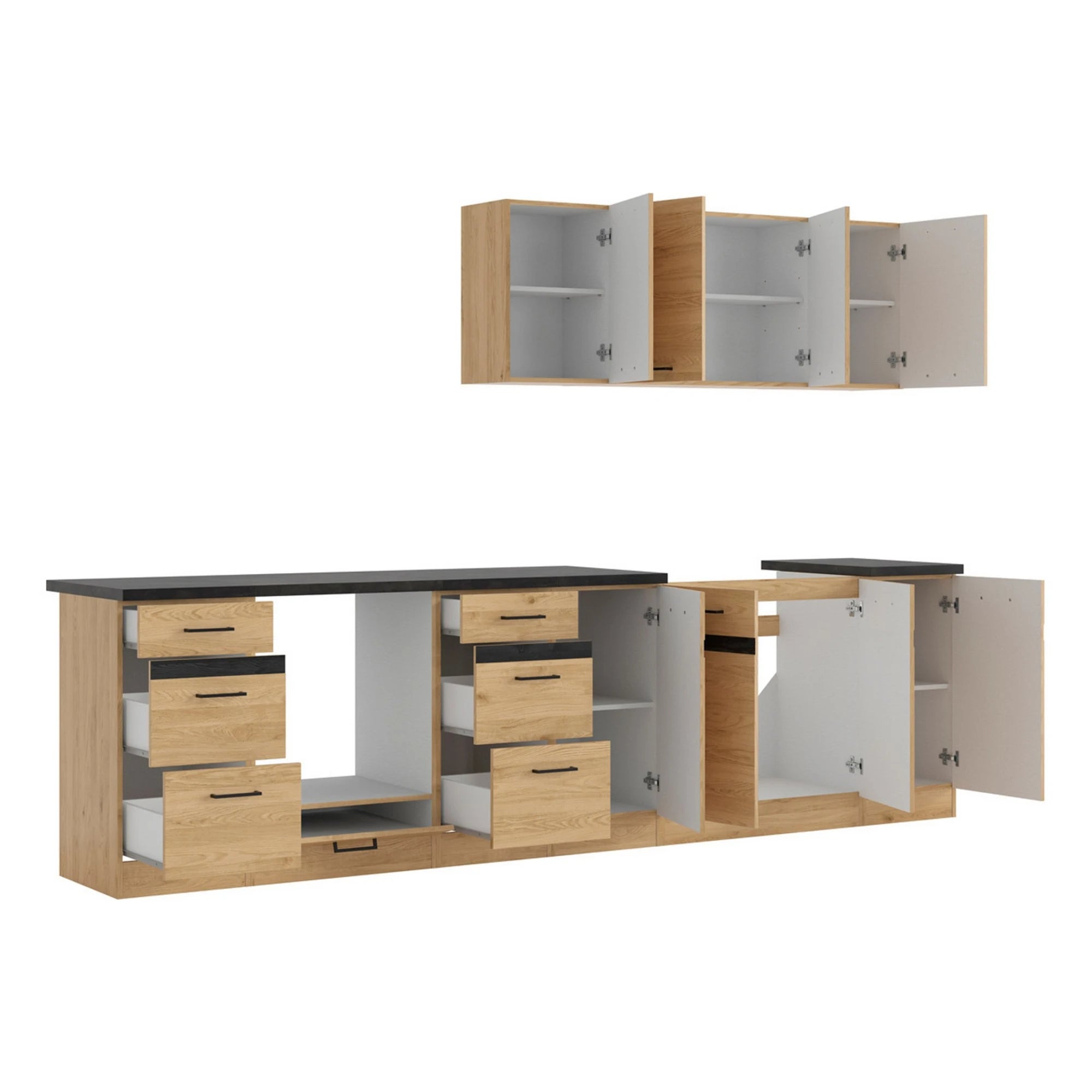 Set bucatarie JUNONA LINE, stejar, PAL, 300 cm, cu blat negru