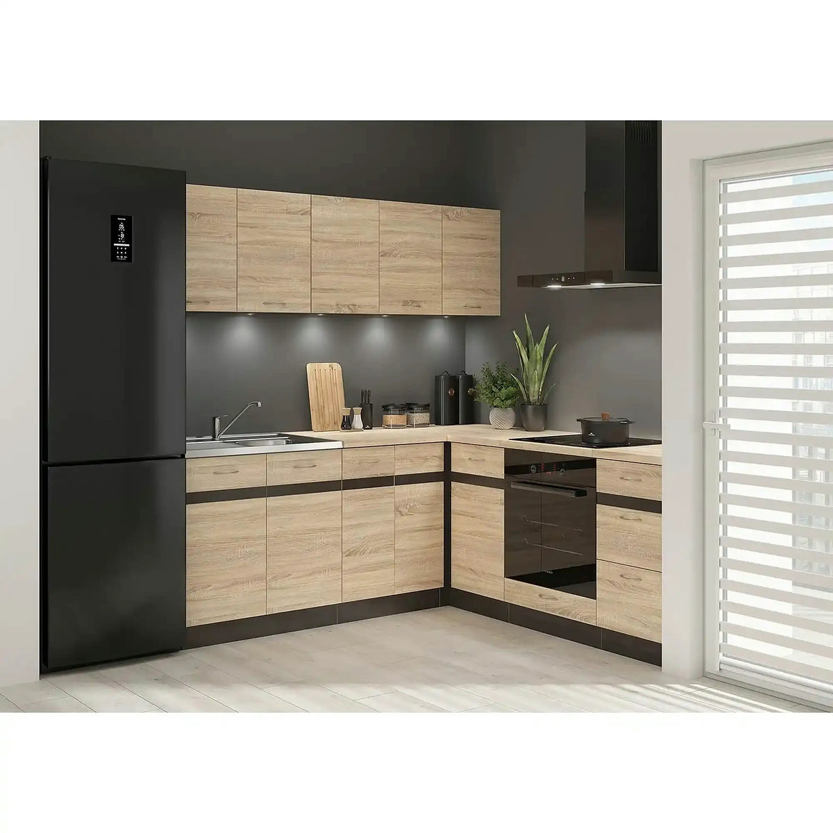 Set bucatarie JUNONA LINE, stejar sonoma/wenge, PAL, 200x200 cm, stanga, cu blat stejar sonoma