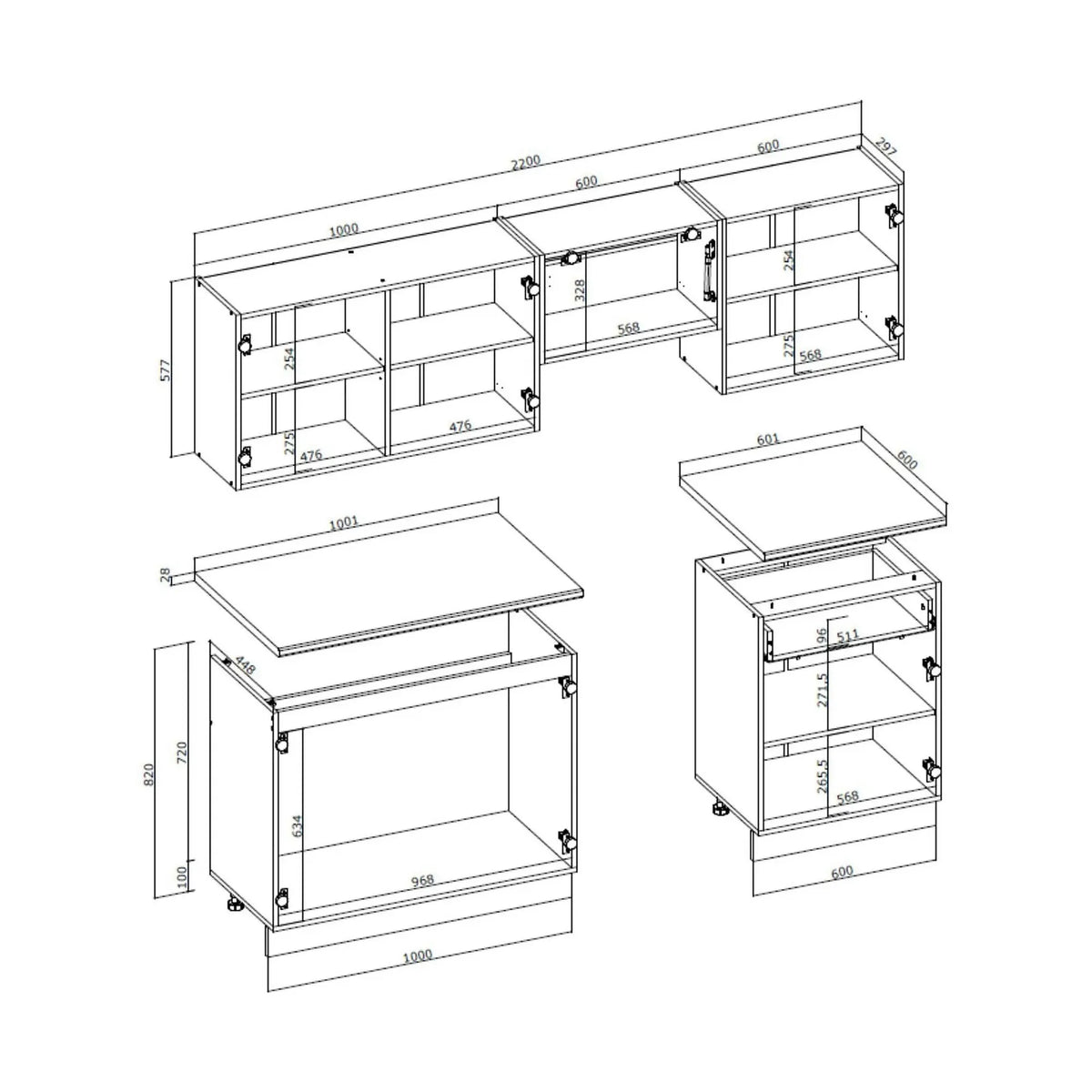 Set bucatarie KATIA, alb/bej deschis/stejar, 220 cm