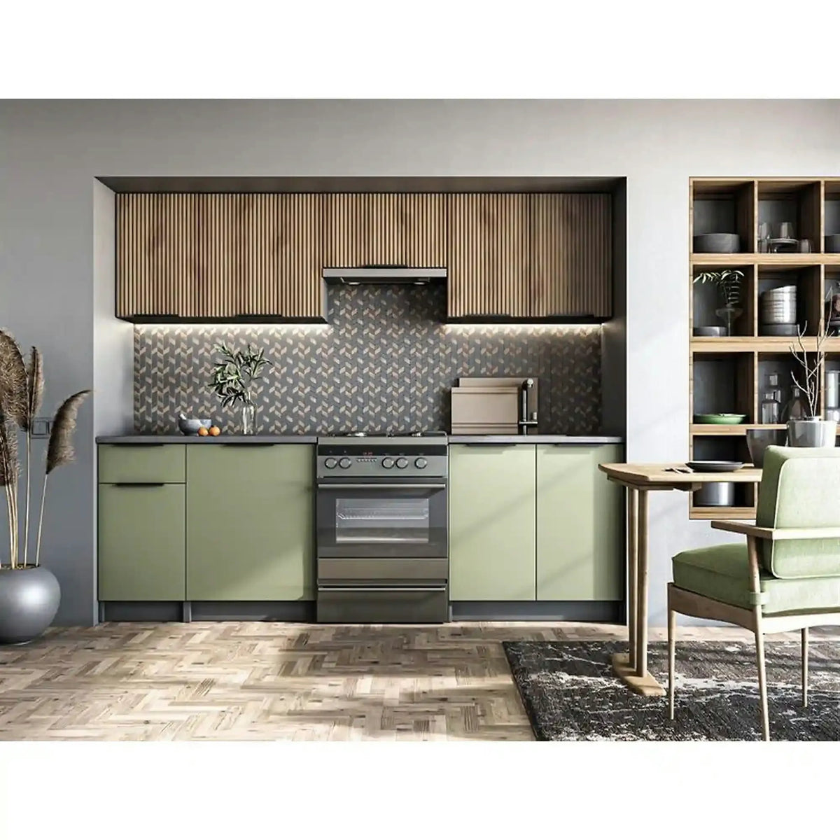Set bucatarie KSENIA, nuc/verde/gri antracit, 240 cm
