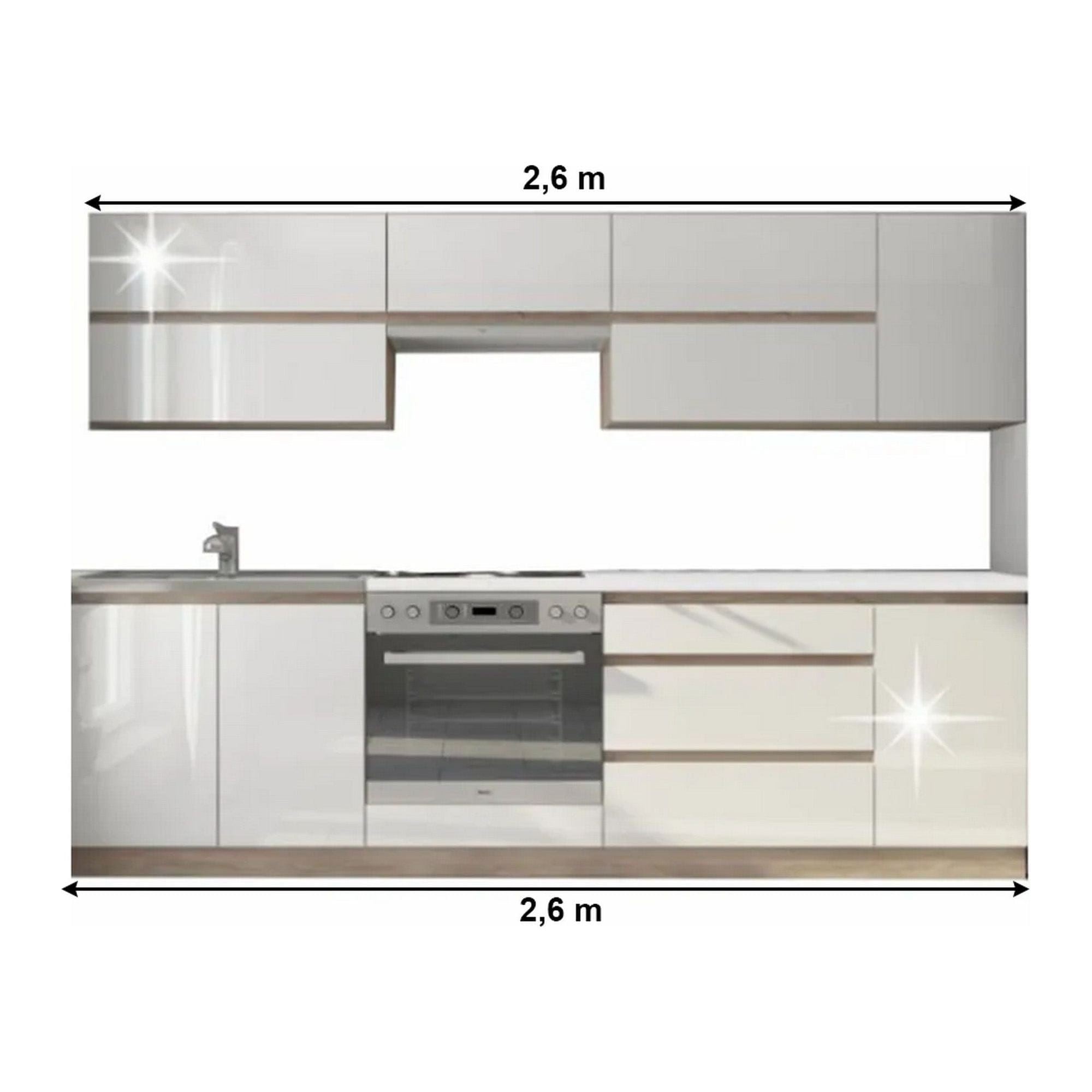 Set bucatarie LINE, alb lucios, PAL laminat, 260 cm
