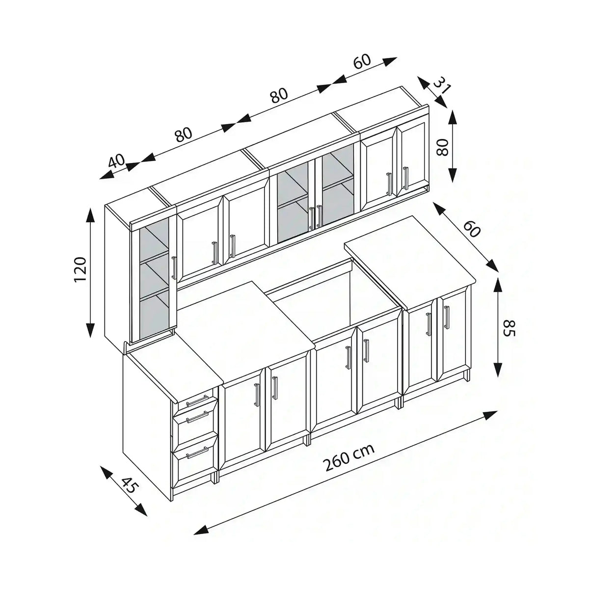 Set bucatarie MARGARET III, nuc, PAL laminat, 260 cm