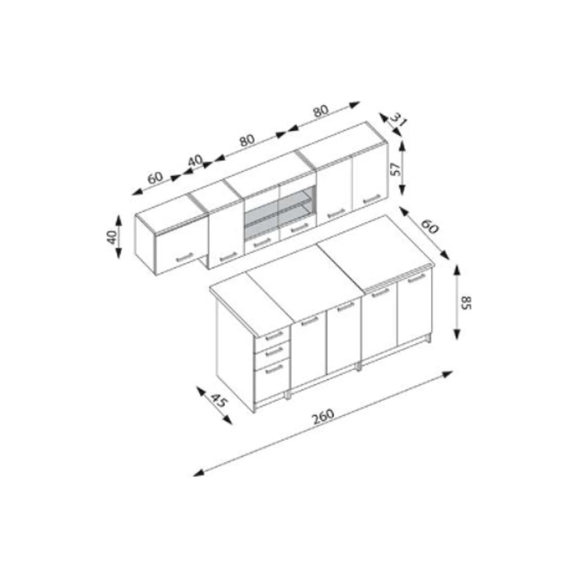 Set bucatarie PERLA, stejar artisan/gri inchis mat/stejar wotan, PAL, 260 cm