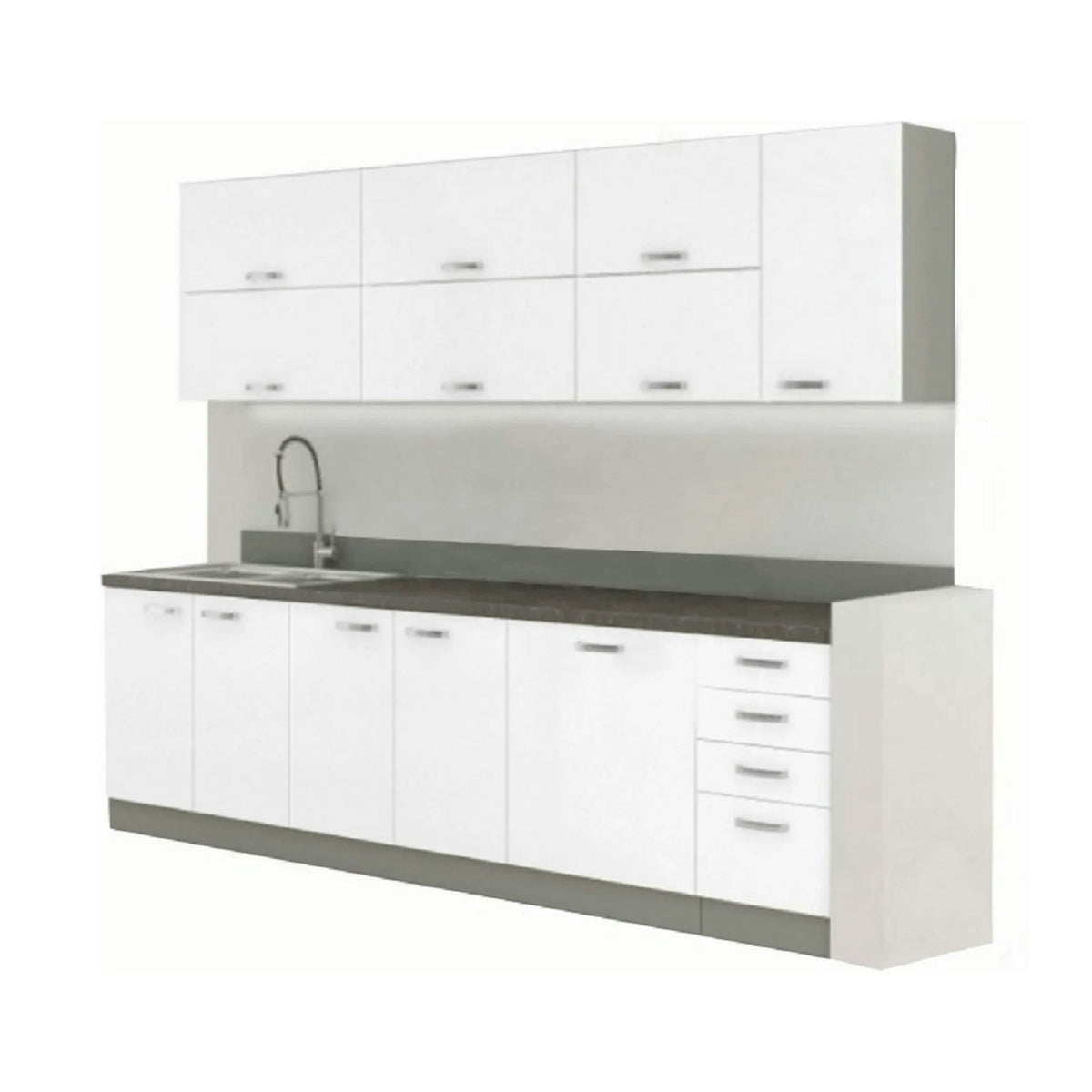 Set bucatarie PRADO, alb lucios/gri/gri cu efect de marmura, PAL melaminat, 260 cm