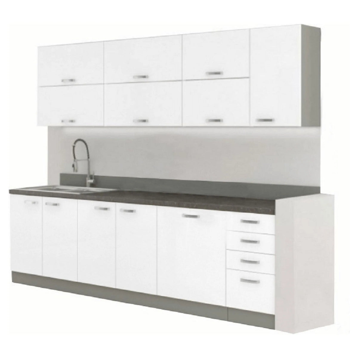 Set bucatarie PRADO, alb lucios/gri/gri cu efect de marmura, PAL melaminat, 260 cm