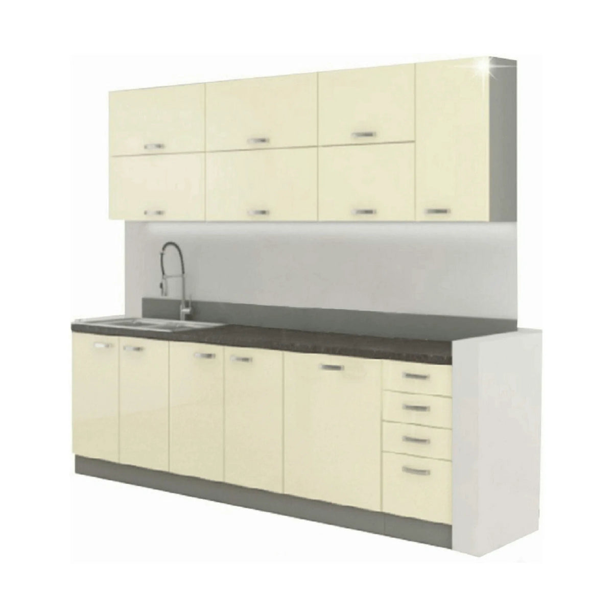 Set bucatarie PRADO, crem lucios/gri/gri cu efect de marmura, PAL laminat, 260 cm