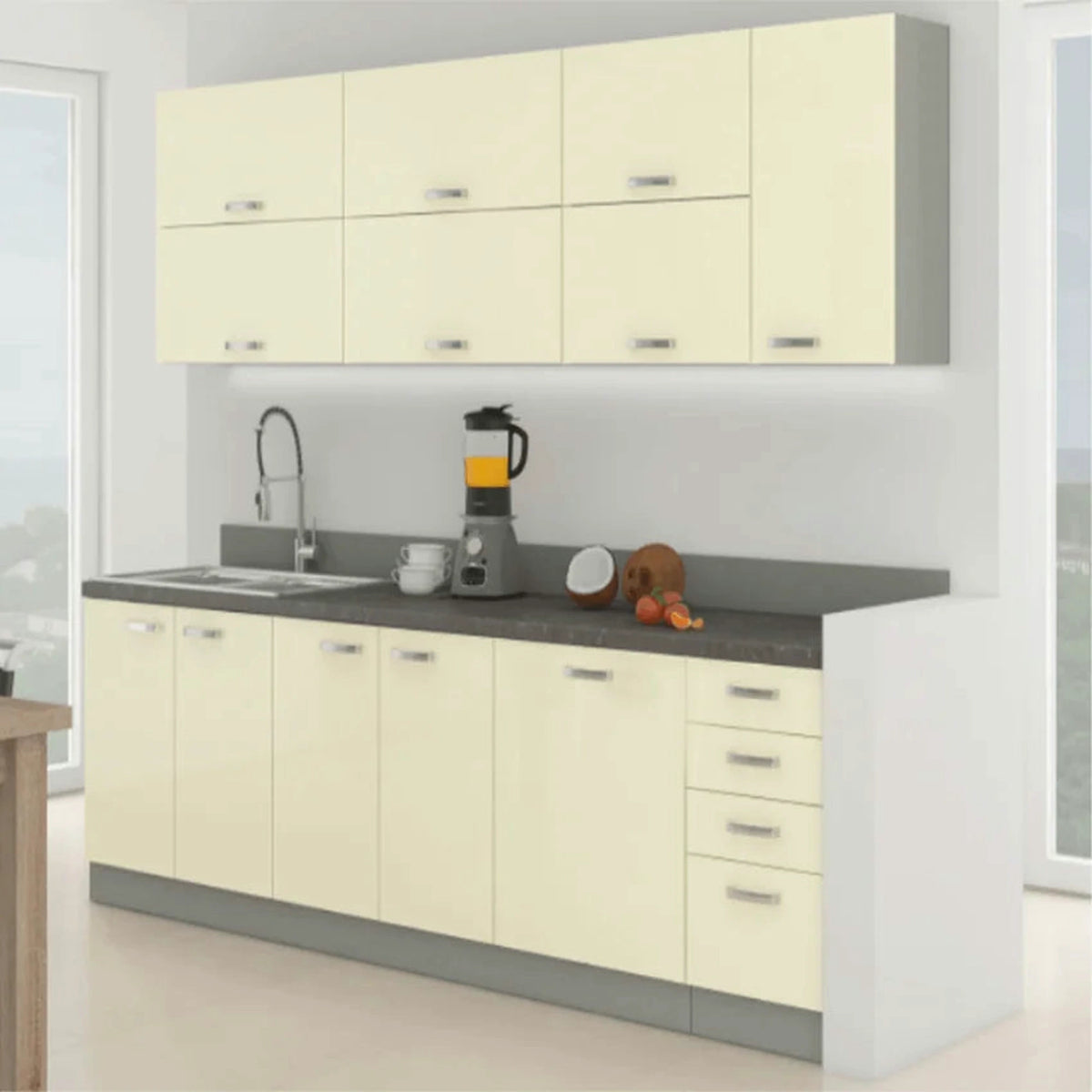 Set bucatarie PRADO, crem lucios/gri/gri cu efect de marmura, PAL laminat, 260 cm
