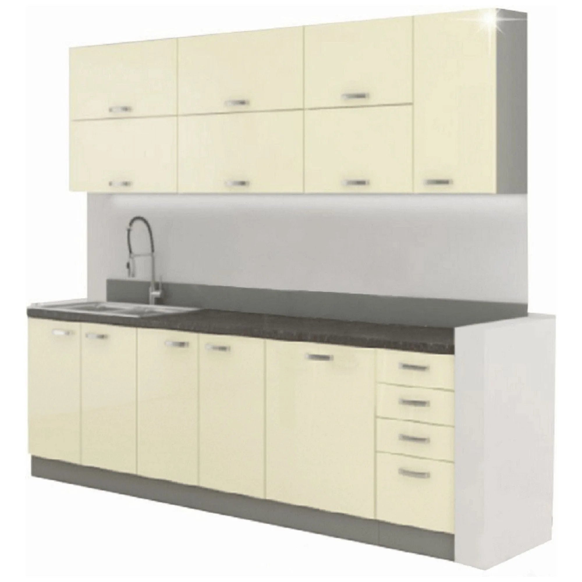 Set bucatarie PRADO, crem lucios/gri/gri cu efect de marmura, PAL laminat, 260 cm