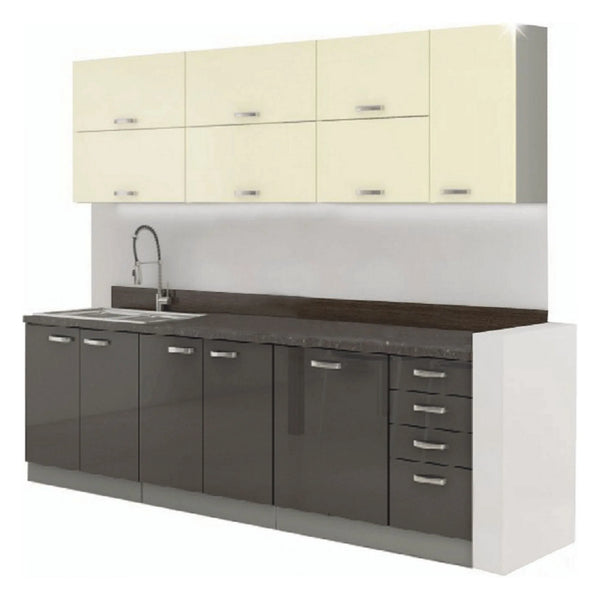 Set bucatarie PRADO, gri/crem/gri cu efect de marmura, PAL laminat, 260 cm