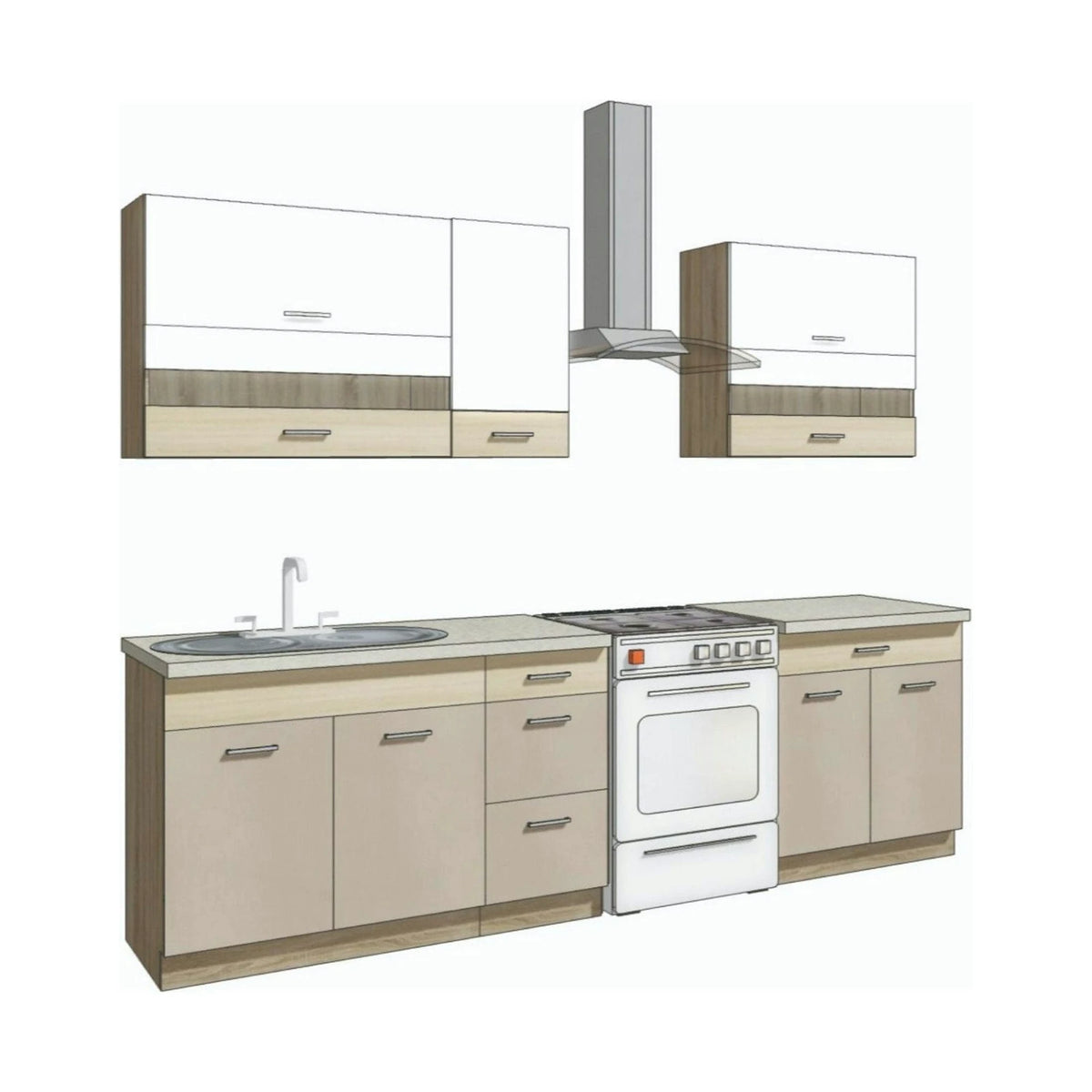 Set bucatarie PREMIO B, carcasa stejar sonoma/fronturi cappuccino si alb lucios, PAL, 270 cm, cu blatul trawertyn si plinta inclusa