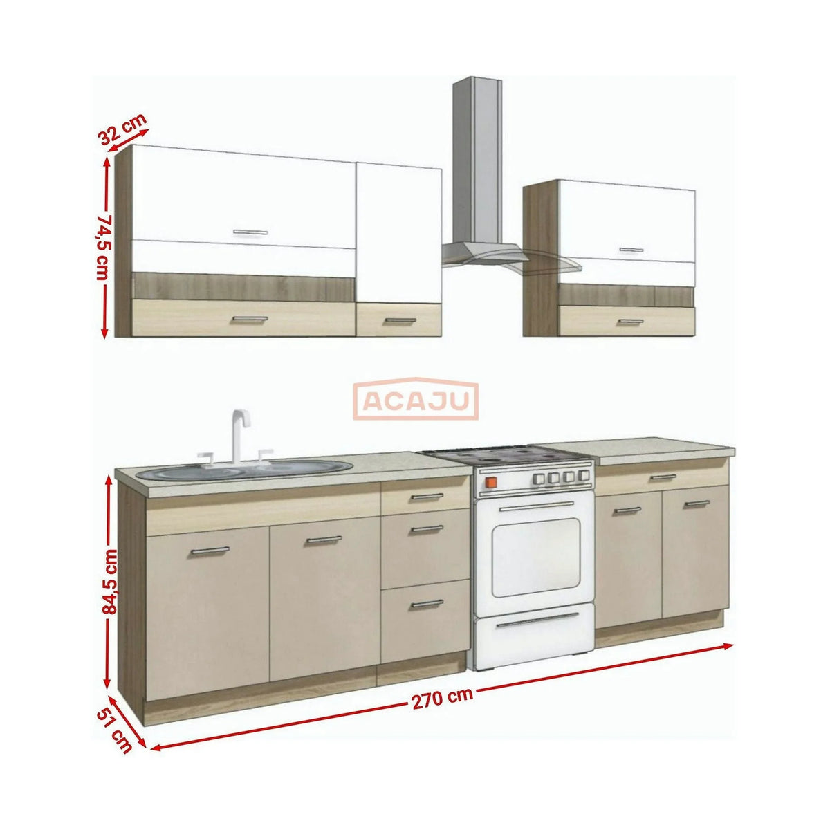 Set bucatarie PREMIO B, carcasa stejar sonoma/fronturi cappuccino si alb lucios, PAL, 270 cm, cu blatul trawertyn si plinta inclusa