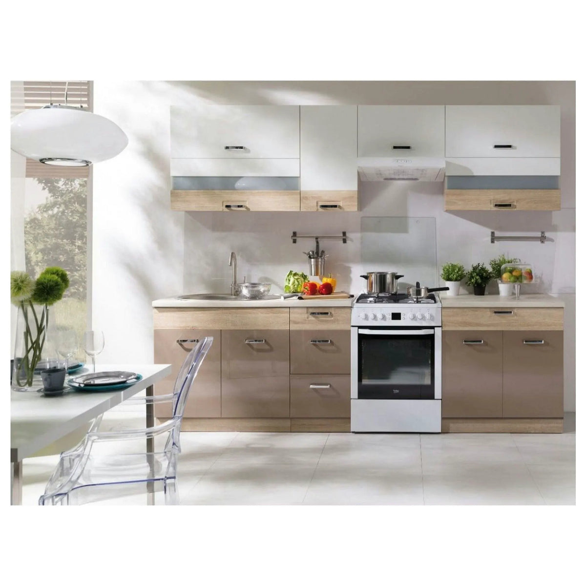 Set bucatarie PREMIO B PLUS, carcasa stejar sonoma/fronturi cappuccino si alb lucios, PAL, 270 cm, cu blatul trawertyn si plinta inclusa
