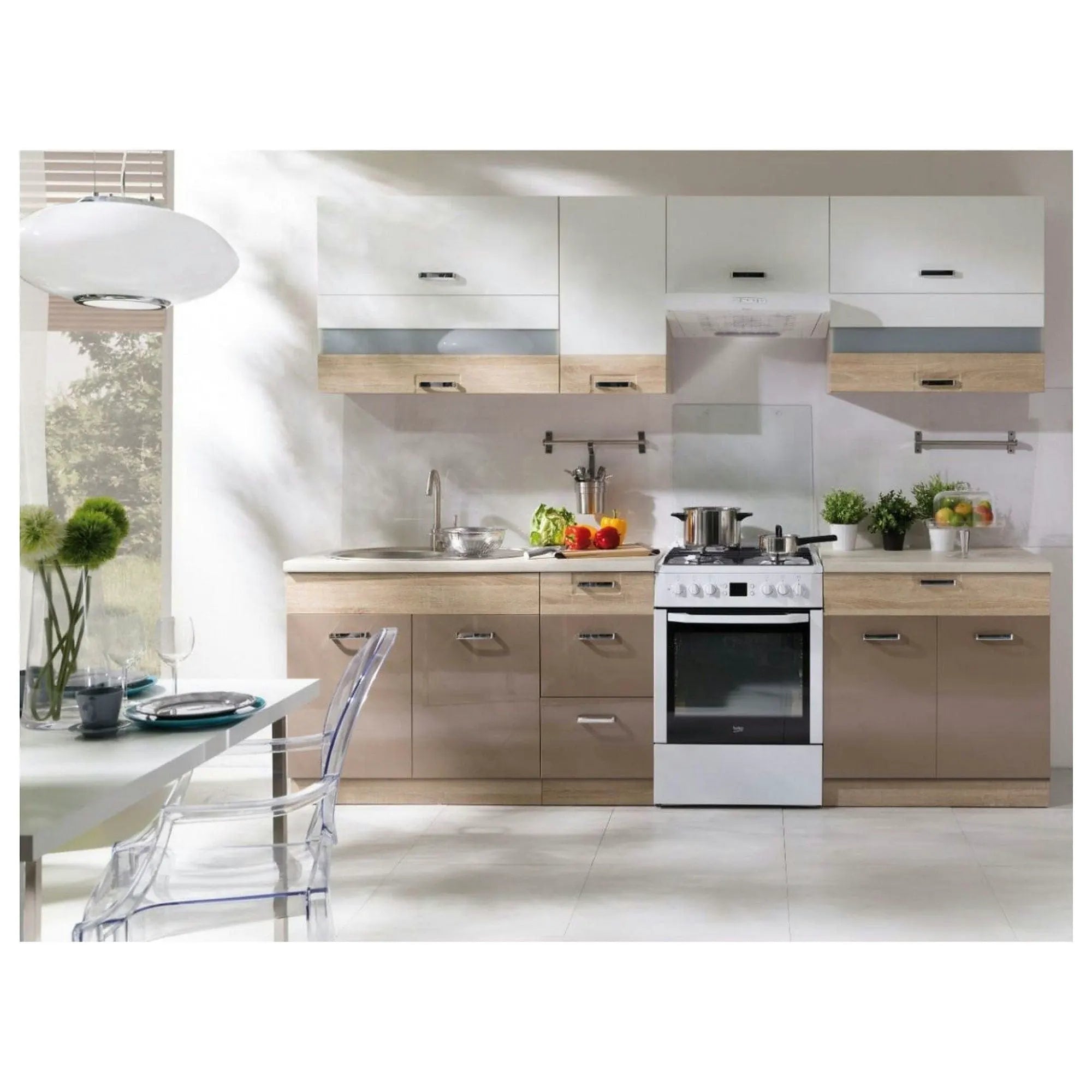 Set bucatarie PREMIO B PLUS, carcasa stejar sonoma/fronturi cappuccino si alb lucios, PAL, 270 cm, cu blatul trawertyn si plinta inclusa