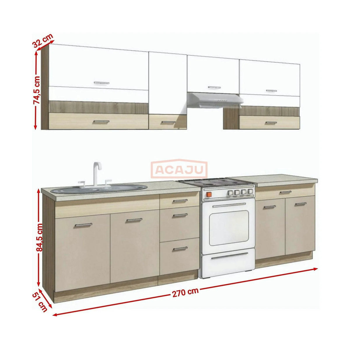 Set bucatarie PREMIO B PLUS, carcasa stejar sonoma/fronturi cappuccino si alb lucios, PAL, 270 cm, cu blatul trawertyn si plinta inclusa