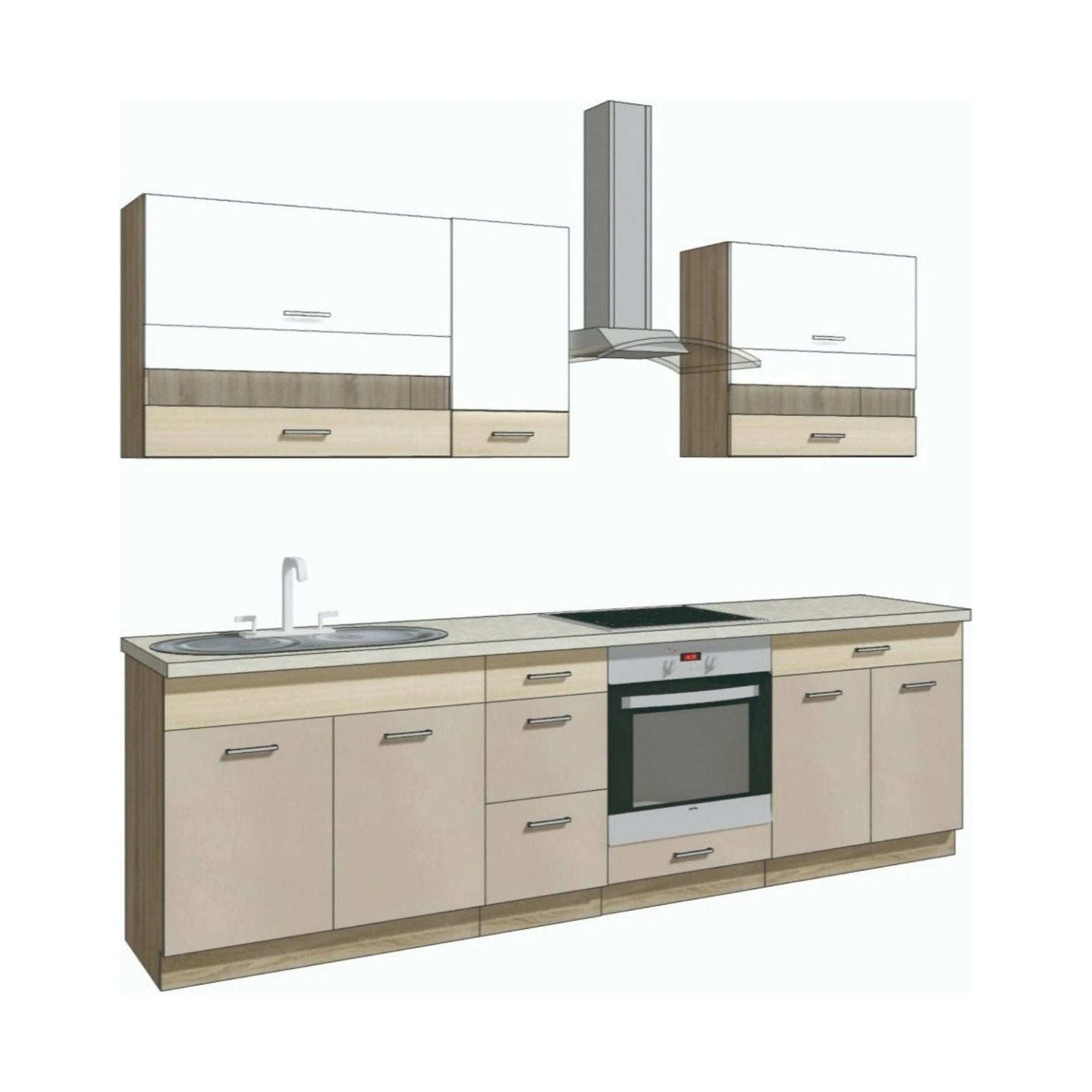 Set bucatarie PREMIO C, carcasa stejar sonoma/fronturi cappuccino si alb lucios, PAL, 260 cm, cu blatul trawertyn si plinta inclusa
