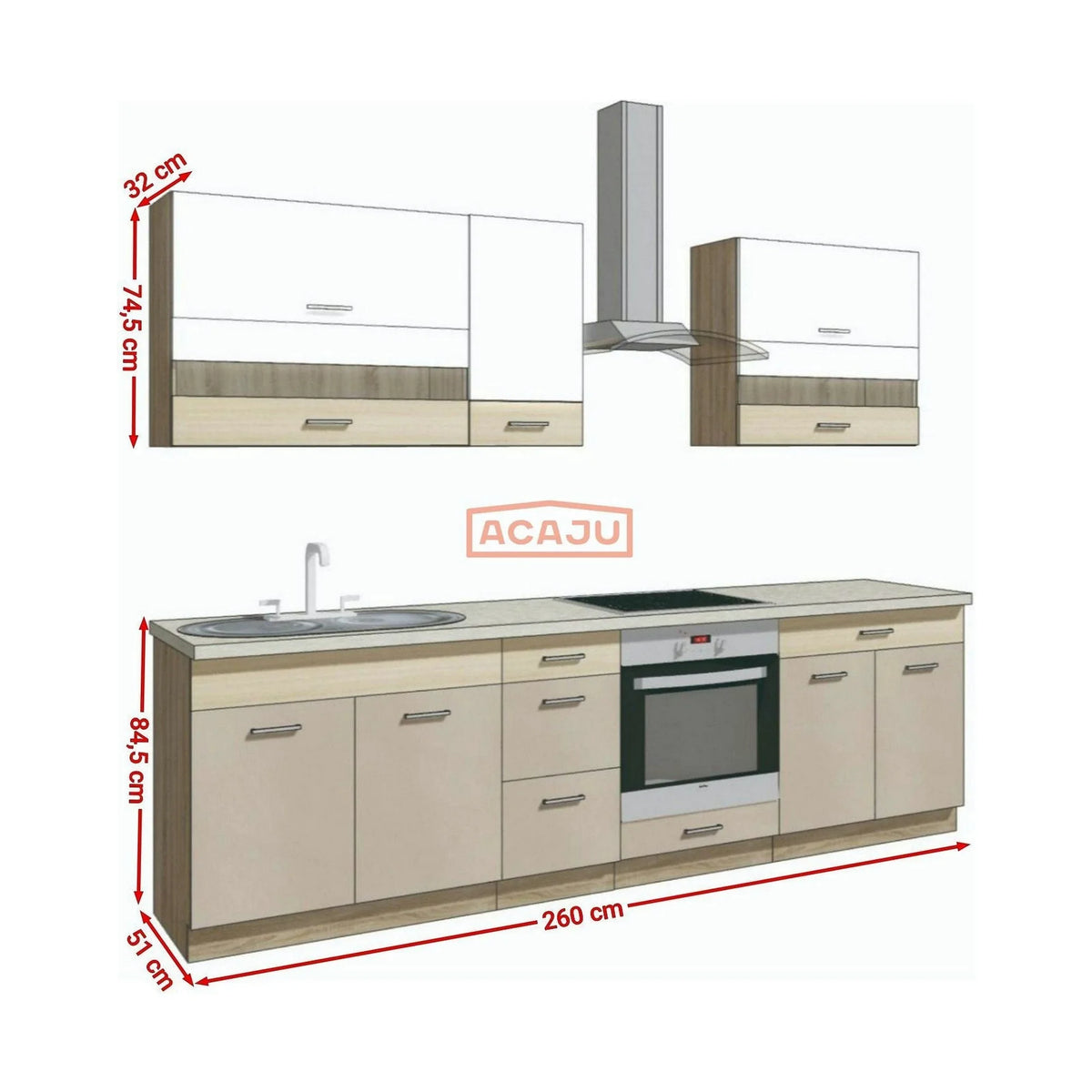 Set bucatarie PREMIO C, carcasa stejar sonoma/fronturi cappuccino si alb lucios, PAL, 260 cm, cu blatul trawertyn si plinta inclusa