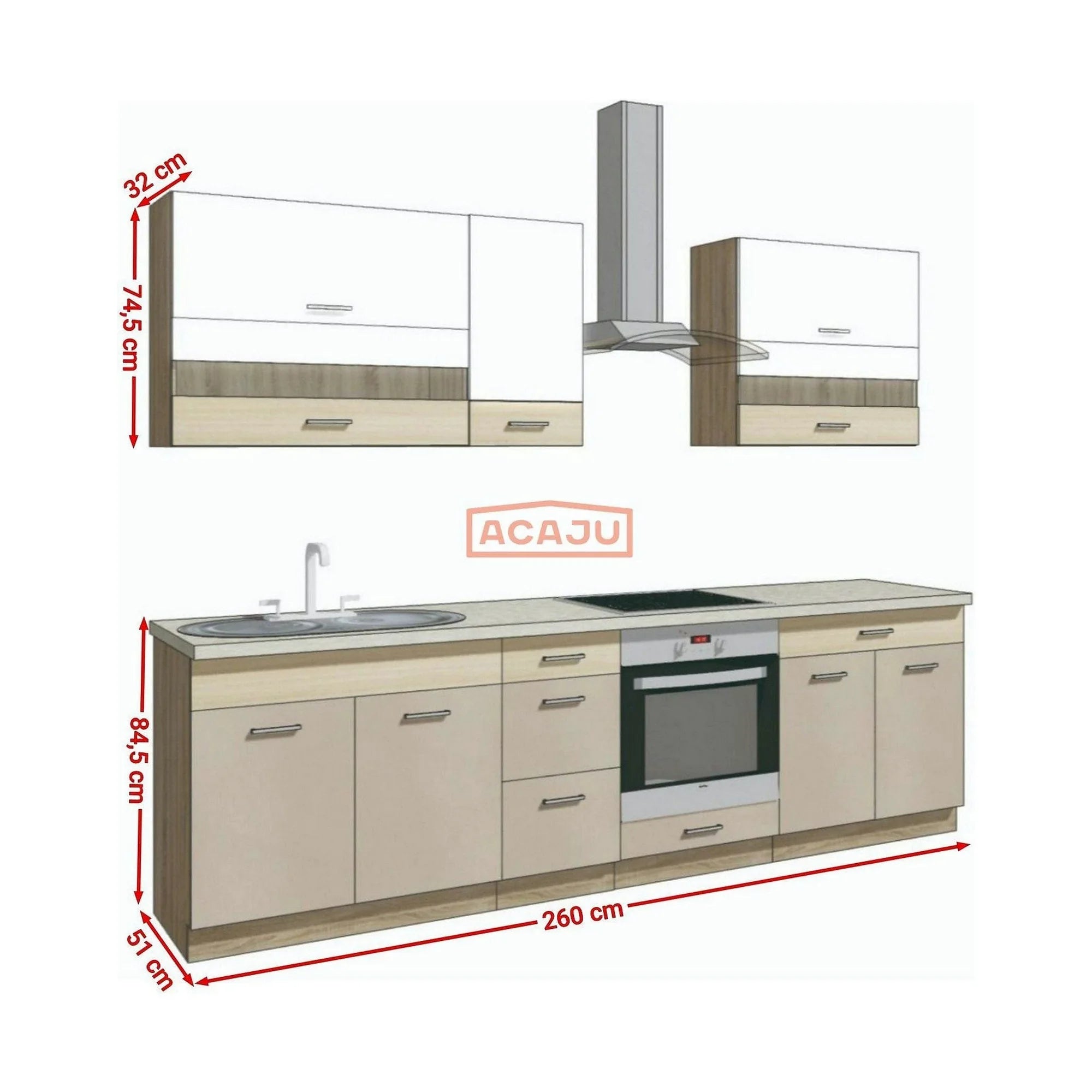 Set bucatarie PREMIO C, carcasa stejar sonoma/fronturi cappuccino si alb lucios, PAL, 260 cm, cu blatul trawertyn si plinta inclusa