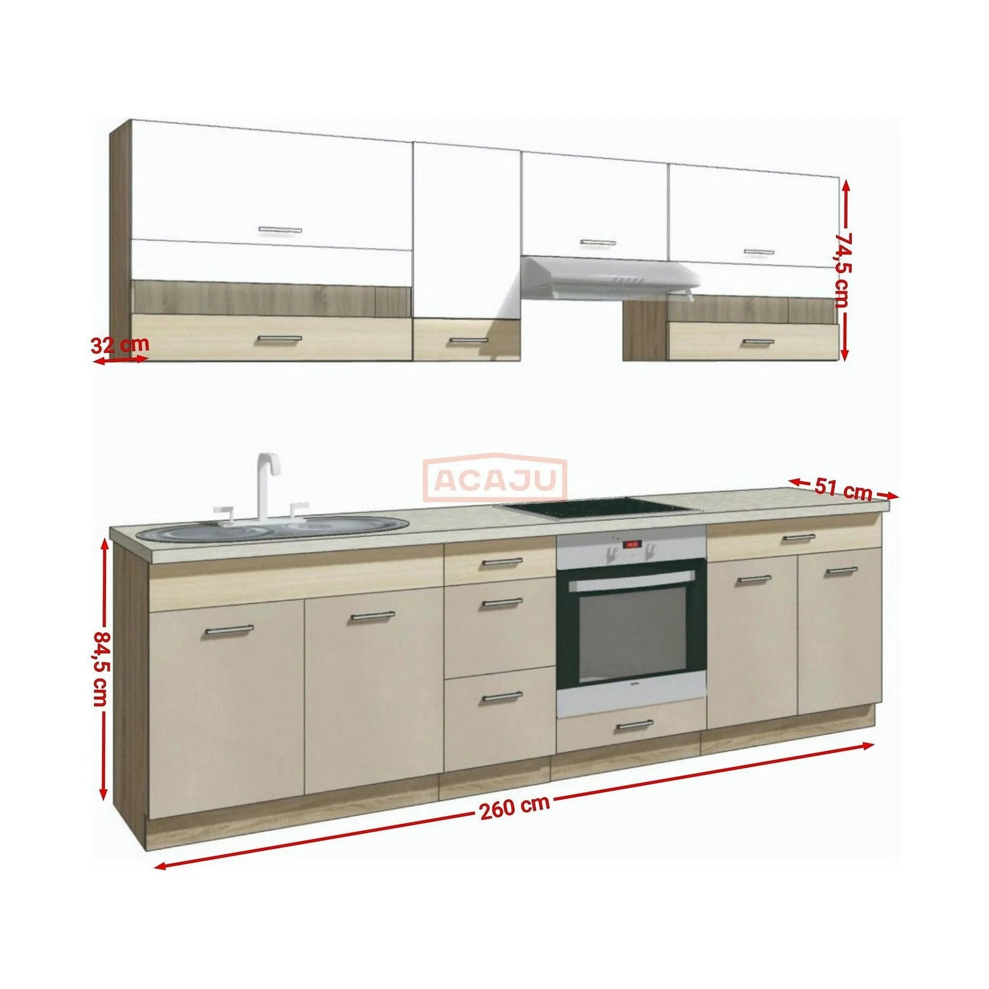 Set bucatarie PREMIO C PLUS, carcasa stejar sonoma/fronturi cappuccino si alb lucios, PAL, 260 cm, cu blatul bej cu efect de marmura si plinta inclusa