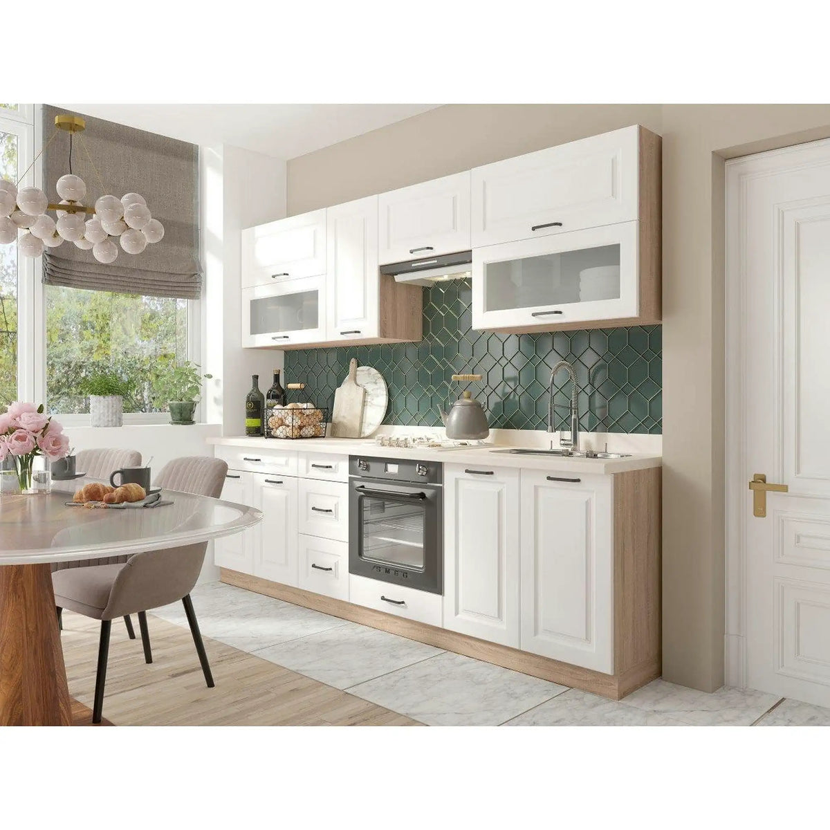 Set bucatarie SMART C PLUS, carcasa stejar sonoma/fronturi alb mat, PAL, 260 cm, cu blatul tawertyn, plinta superioara si inferioara incluse