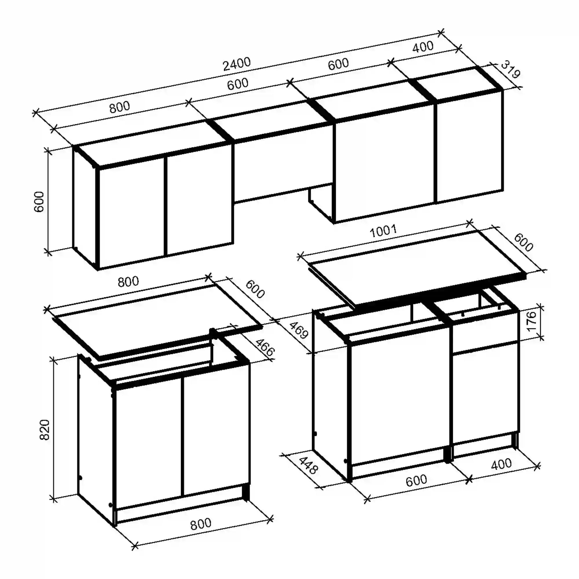 Set bucatarie TAMARA, negru/gri/gri cu efect de marmura, 240 cm