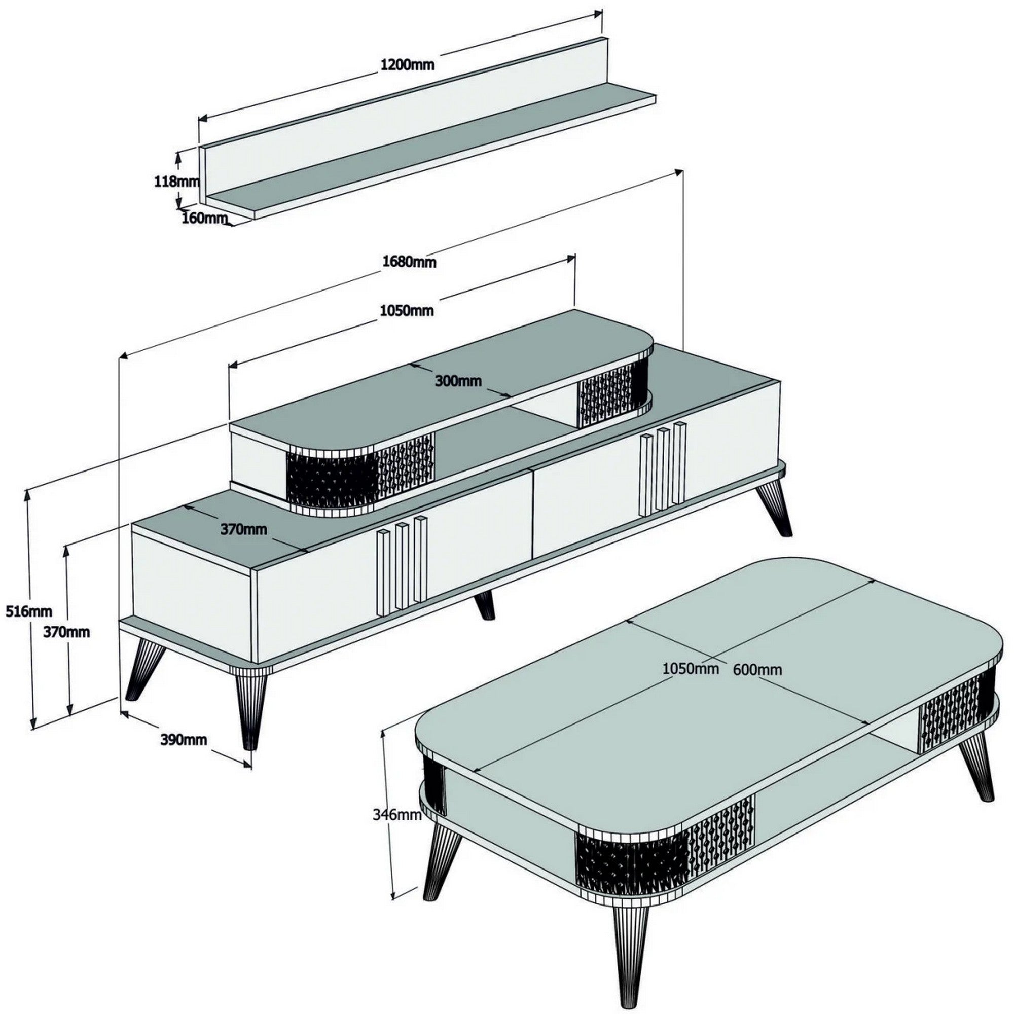 Mobilier living EYLUL, crem/stejar, PAL melaminat, 4 piese