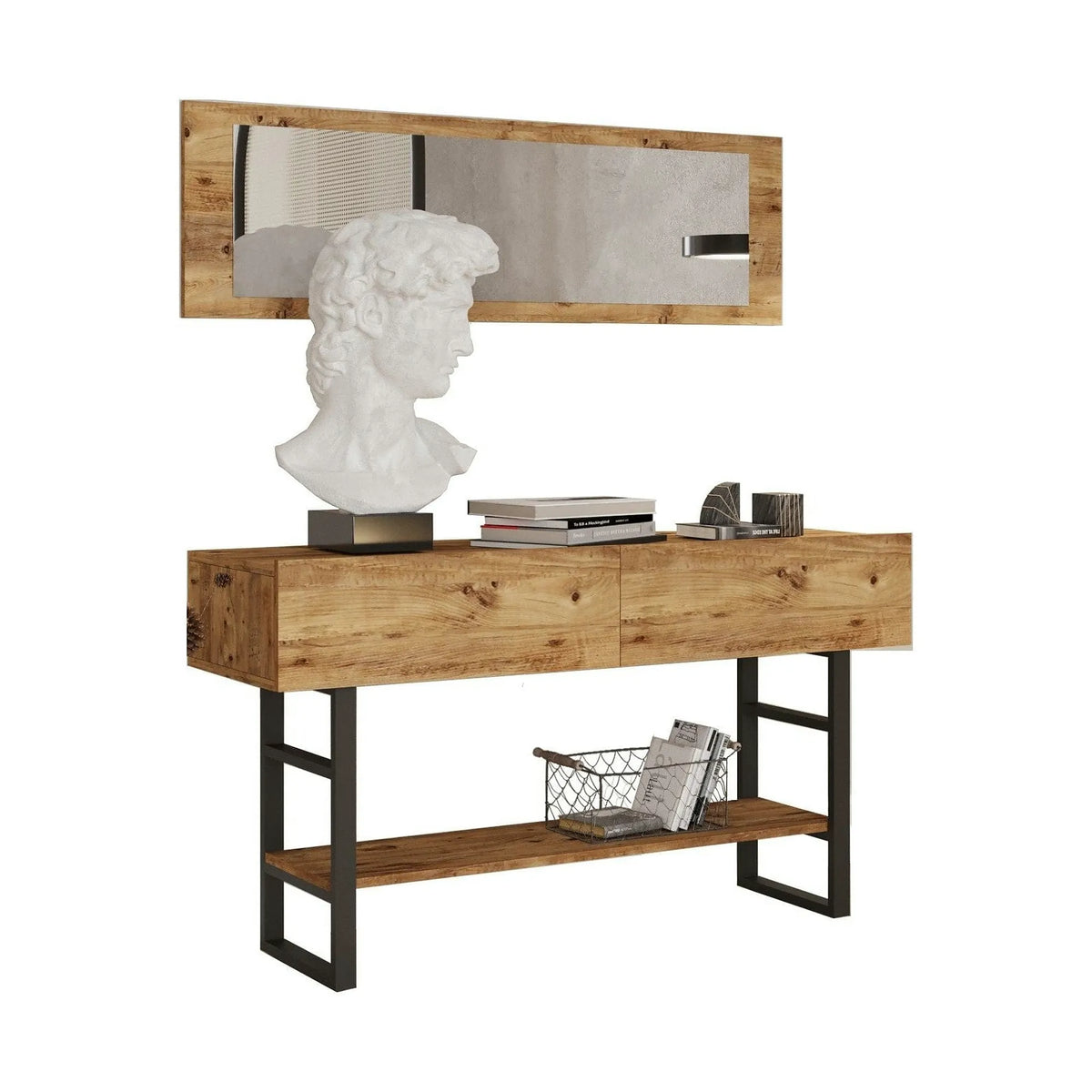 Set consola cu oglinda ML24-A, stejar/negru, PAL melaminat/metal