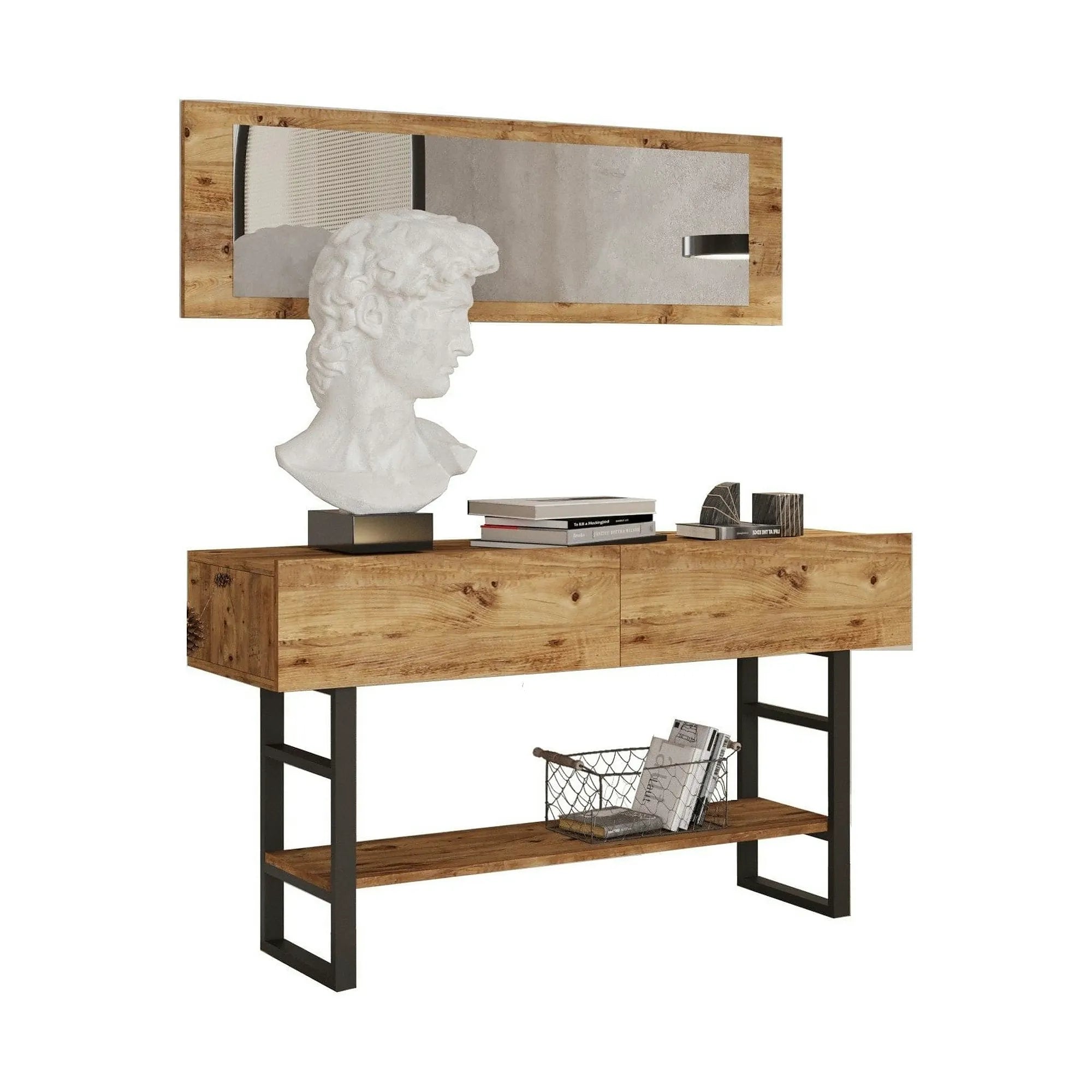 Set consola cu oglinda ML24-A, stejar/negru, PAL melaminat/metal