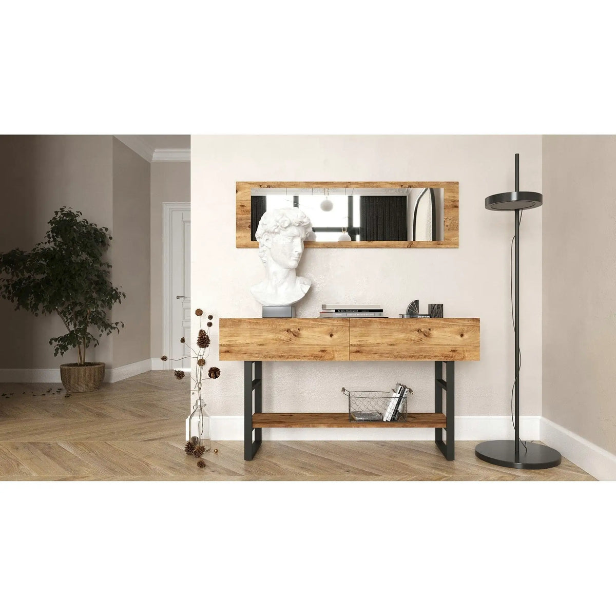 Set consola cu oglinda ML24-A, stejar/negru, PAL melaminat/metal