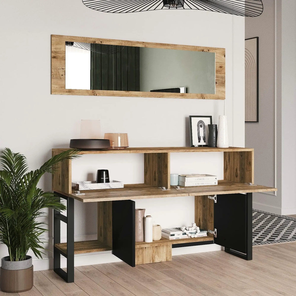 Set consola cu oglinda ML26-A, stejar/negru, PAL melaminat/metal