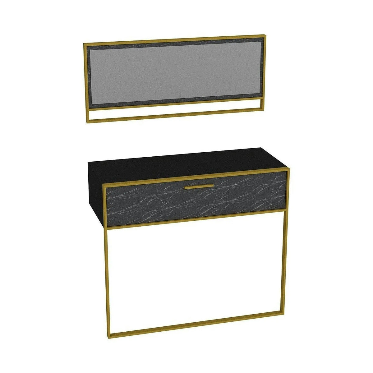 Set consola cu oglinda POLKA AYNALI, negru cu efect de marmura/auriu, PAL melaminat/metal
