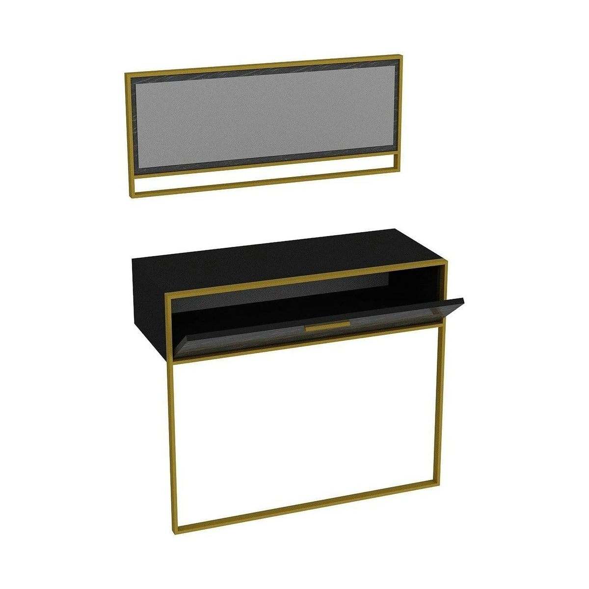 Set consola cu oglinda POLKA AYNALI, negru cu efect de marmura/auriu, PAL melaminat/metal