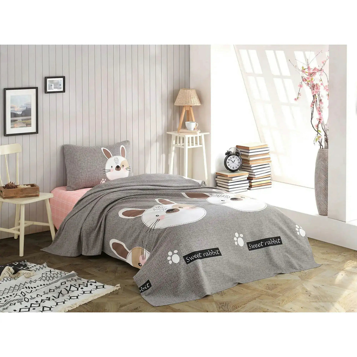 Set cuvertura pat 143EPJ5947, gri, bumbac, 160x235 cm, cu cearceaf si fata de perna