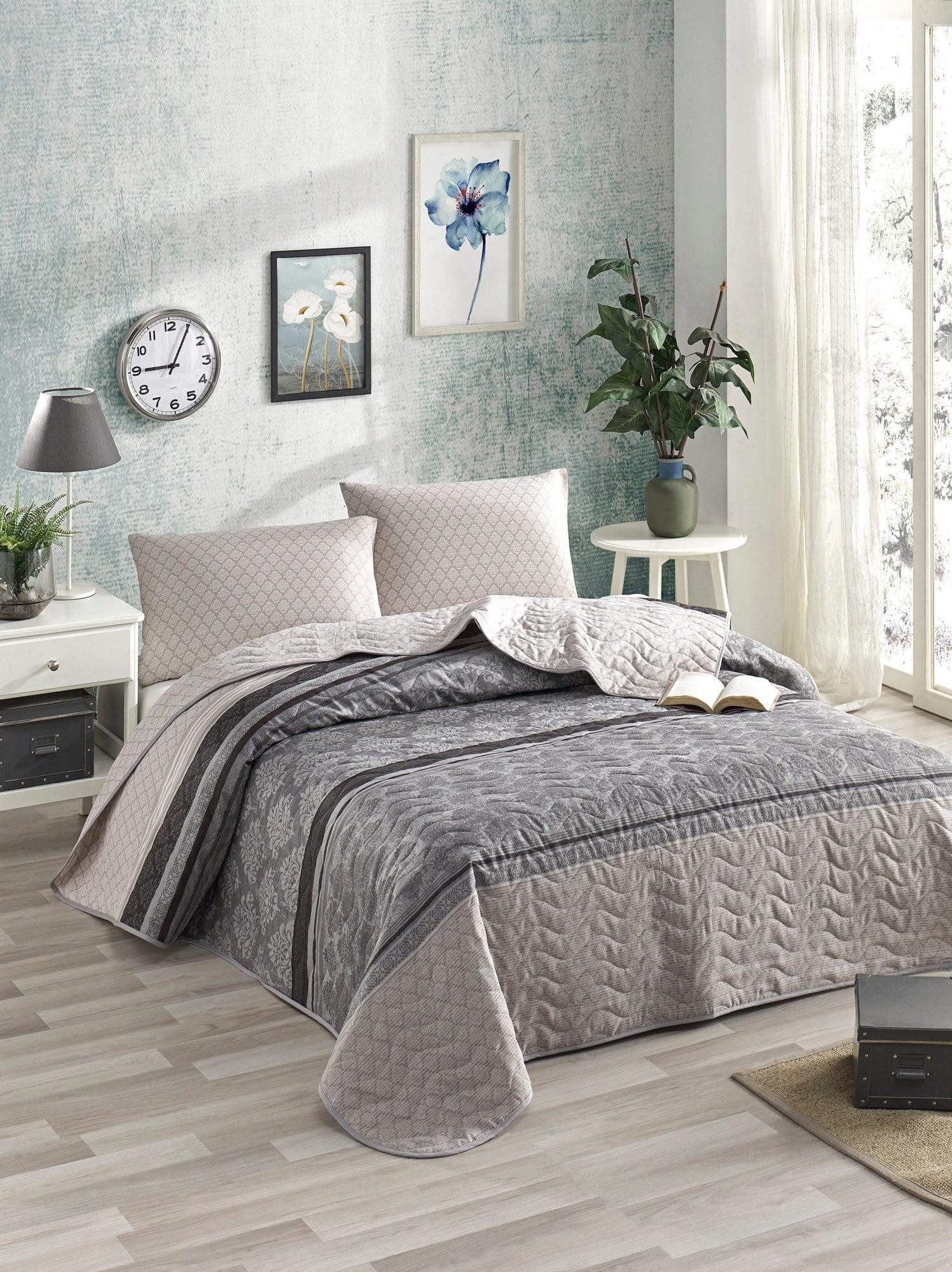 Set cuvertura pat CREATIVE, gri, bumbac/poliester, 160x220 cm, cu fata de perna