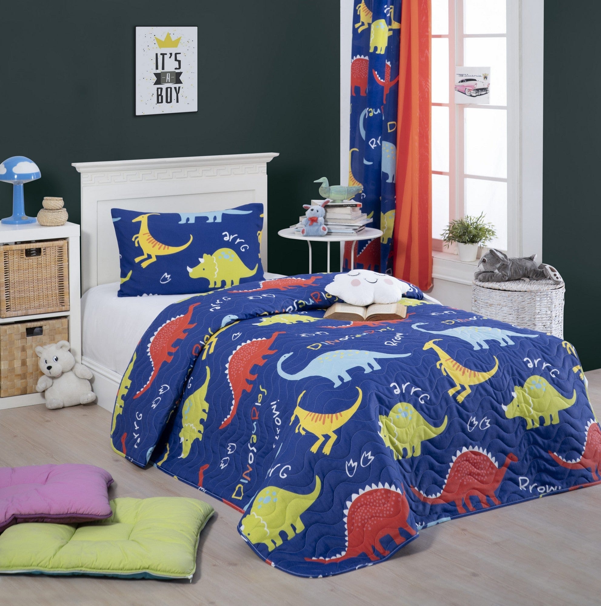 Set cuvertura pat DINOZORUS, albastru, bumbac/poliester, 160x220 cm, cu fata de perna
