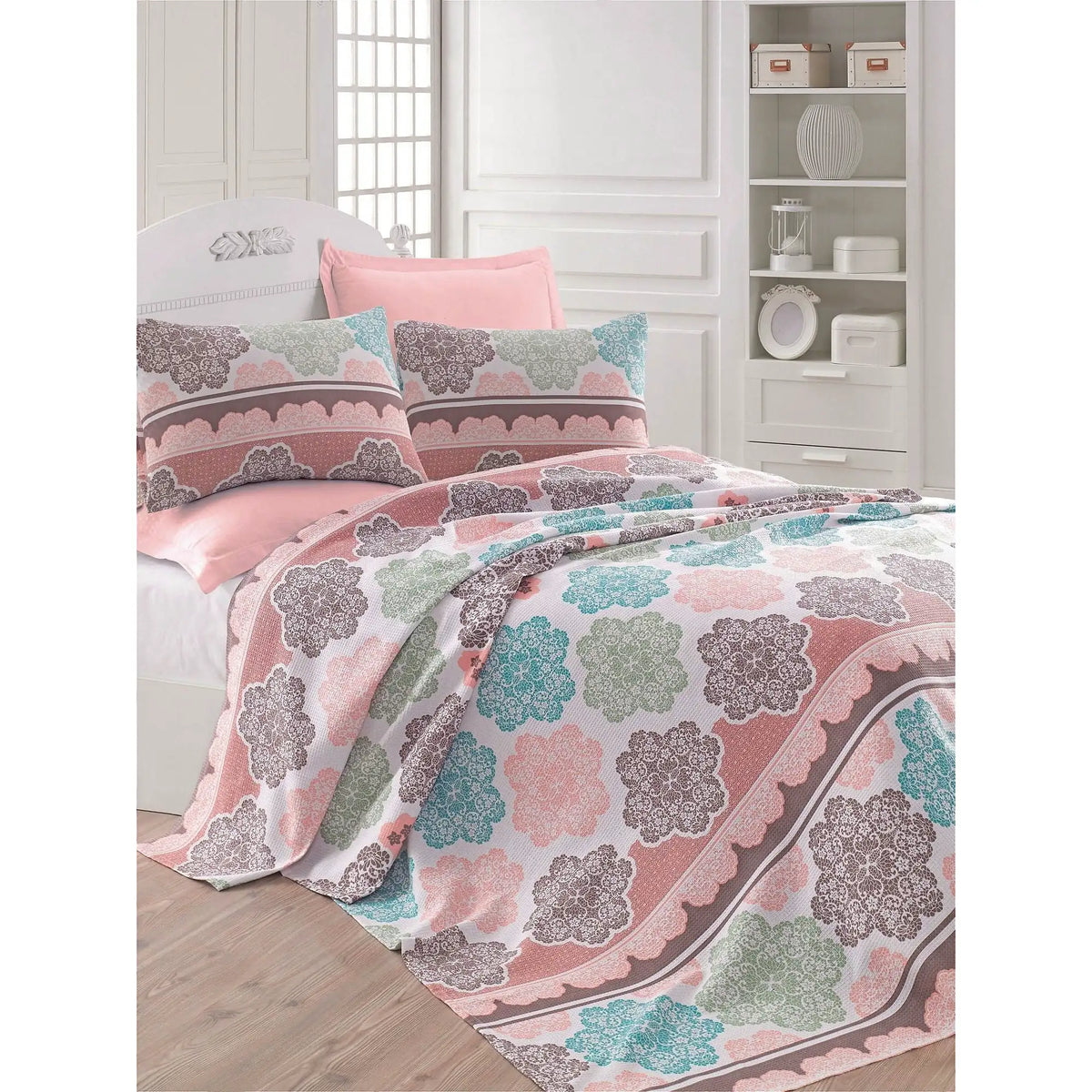 Set cuvertura pat dublu ANDALUCIA, multicolor, bumbac, 200x230 cm, cu 2 fete de perna