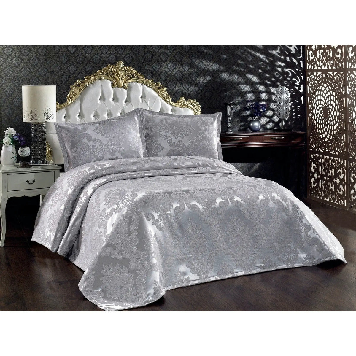 Set cuvertura pat dublu BESTE, gri, bumbac, 240x260 cm, cu 2 fete de perna