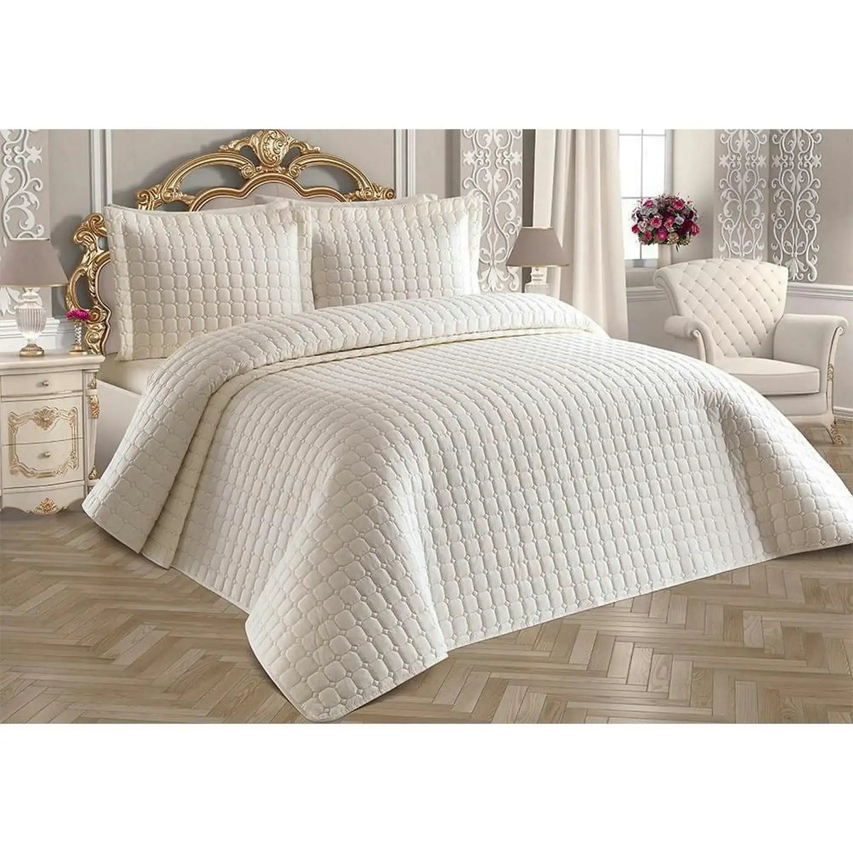 Set cuvertura pat dublu ESTIVA, crem, bumbac, 250x260 cm, cu 2 fete de perna